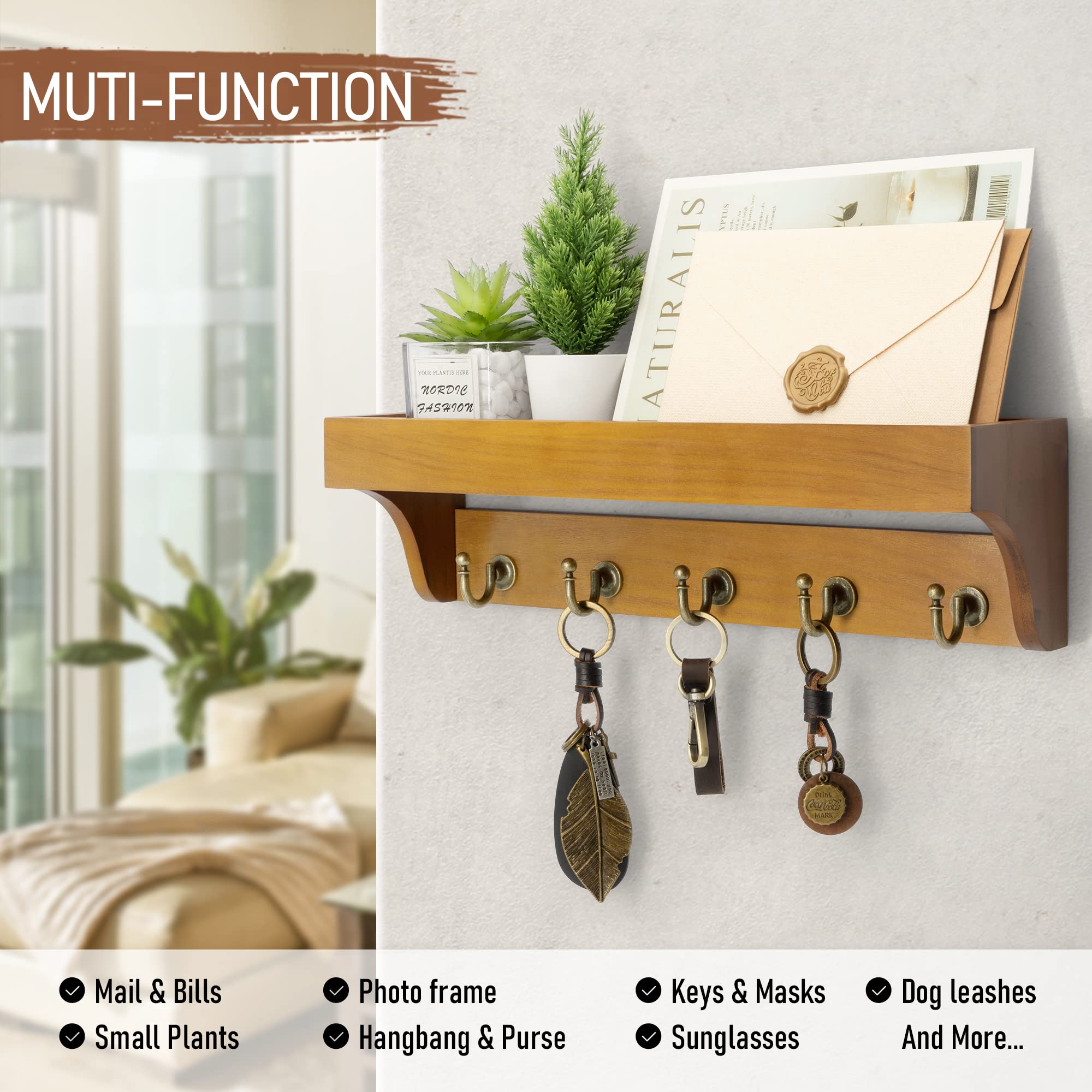 Rebee Vision Acacia Wood Farmhouse Key Holder Wall Mount for Room Decor – Retro Key Holder for Wall with Shelf for Cute Things– Stylish Home Storage for Apartment Essentials (Acacia Wood)