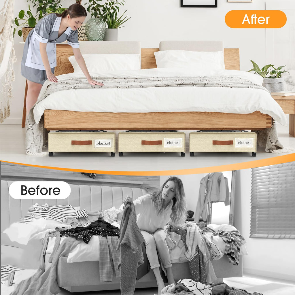 SpaceHacks Under Bed Storage with Wheels 1Pack Underbed Storage with Clear Window&Label Under Bed Drawers Large Capacity Rolling Under Bed Storage for Clothes,Shoes, Blankets (Beige)