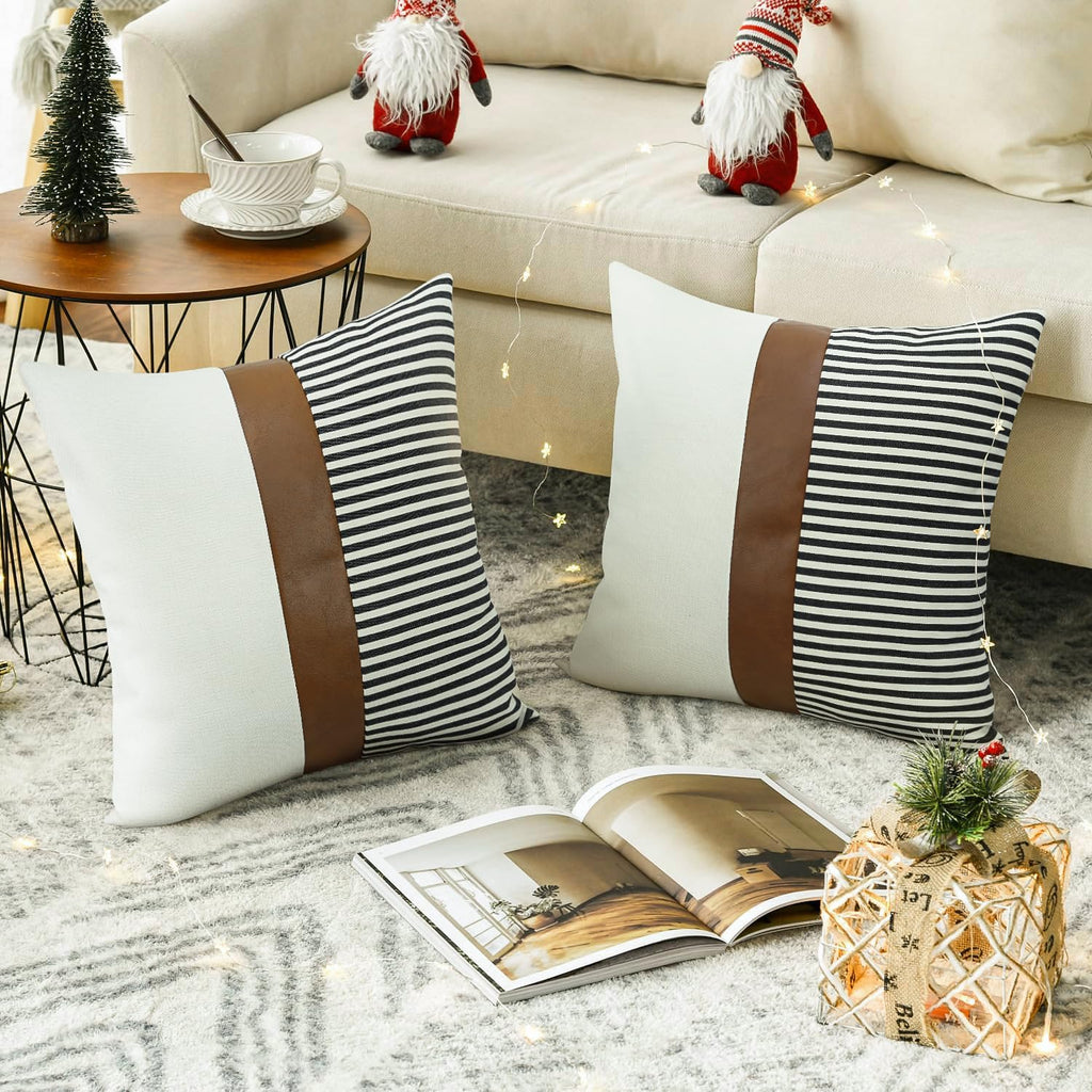 16x16 inch Pillow Covers Set of 2 Farmhouse Decor Stripe Patchwork Linen Throw Pillow Covers Modern Faux Leather Covers for Couch Sofa,Black