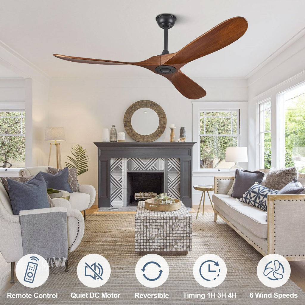 ABZ Ceiling Fans without Lights - 52 Inch Modern Ceiling Fans no Lights with Remote Control, Black 3 Blade Solid Wood Indoor Outdoor Ceiling Fans for Patios Living Room Bedroom