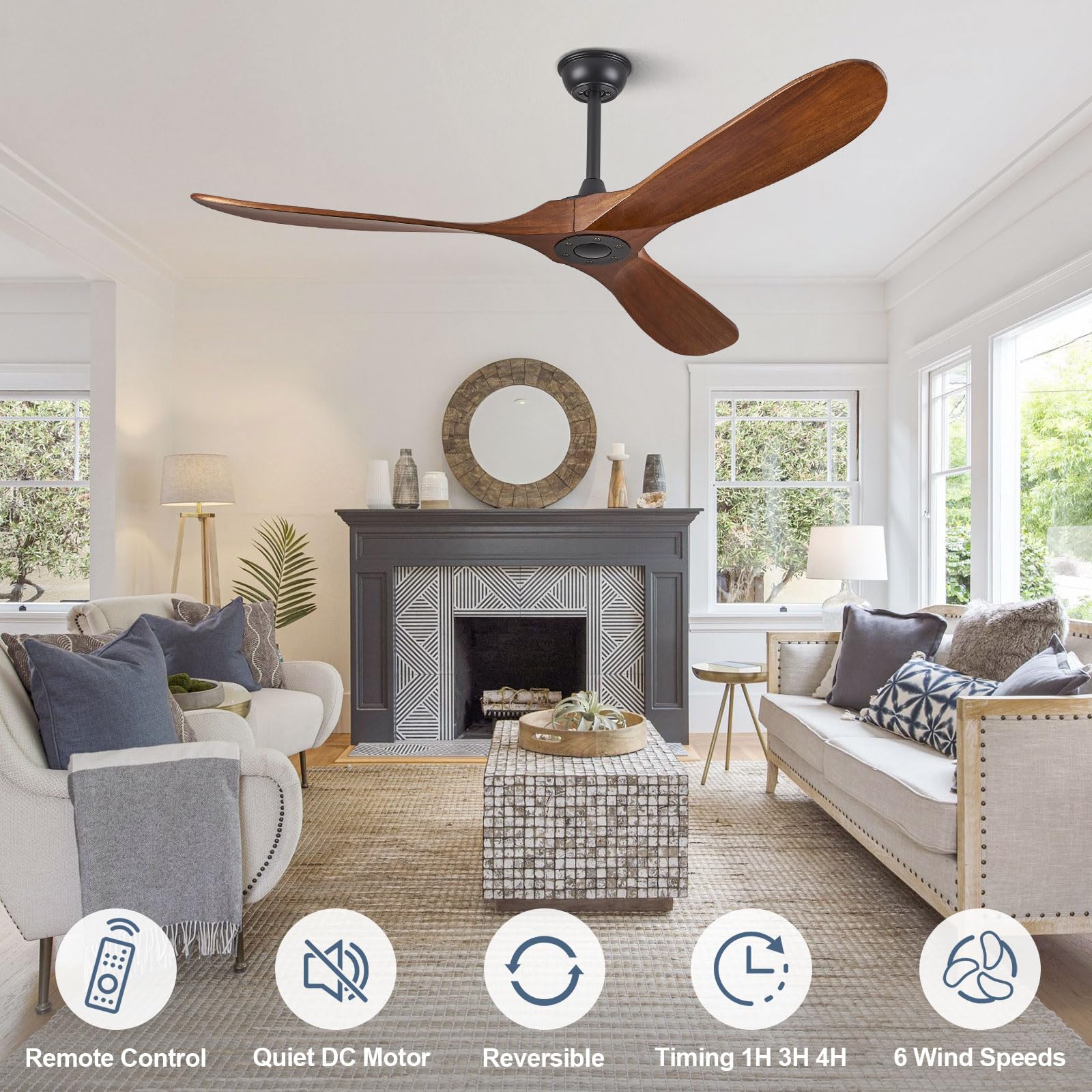ABZ Ceiling Fans without Lights - 52 Inch Modern Ceiling Fans no Lights with Remote Control, Black 3 Blade Solid Wood Indoor Outdoor Ceiling Fans for Patios Living Room Bedroom