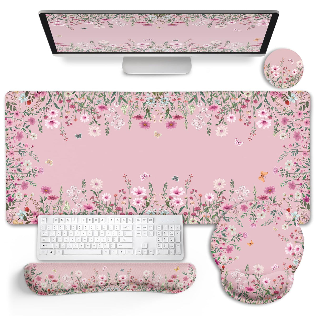 Black Striped Ergonomic Large Desk Mat Set with Wrist Rest