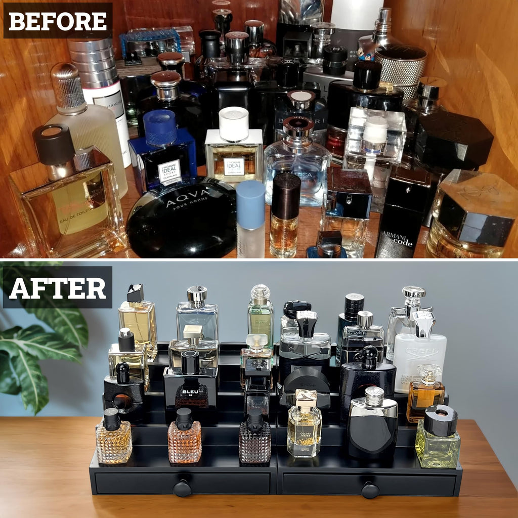 Wooden Cologne Organizer for Men 3 Tier | Black Perfume Holder Shelf for Dresser | High Grade Velvet Lining and Stylish Gift Box | Uncluttered Design Perfume Display Stand