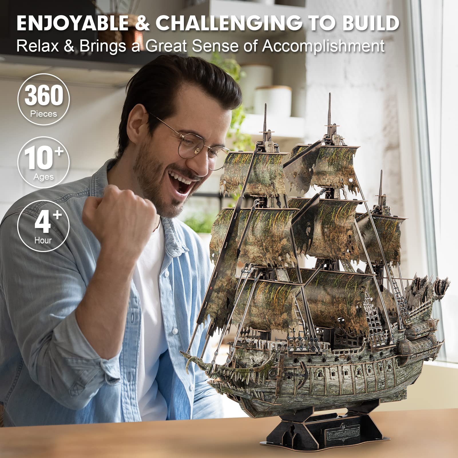 CubicFun 3D Puzzles for Adults - Led Pirate Ship Queen Anne's Revenge - Large 27'' Sailboat Puzzles - Desk Decor, Anniversary Teacher Appreciation Gifts High School Graduation Gifts