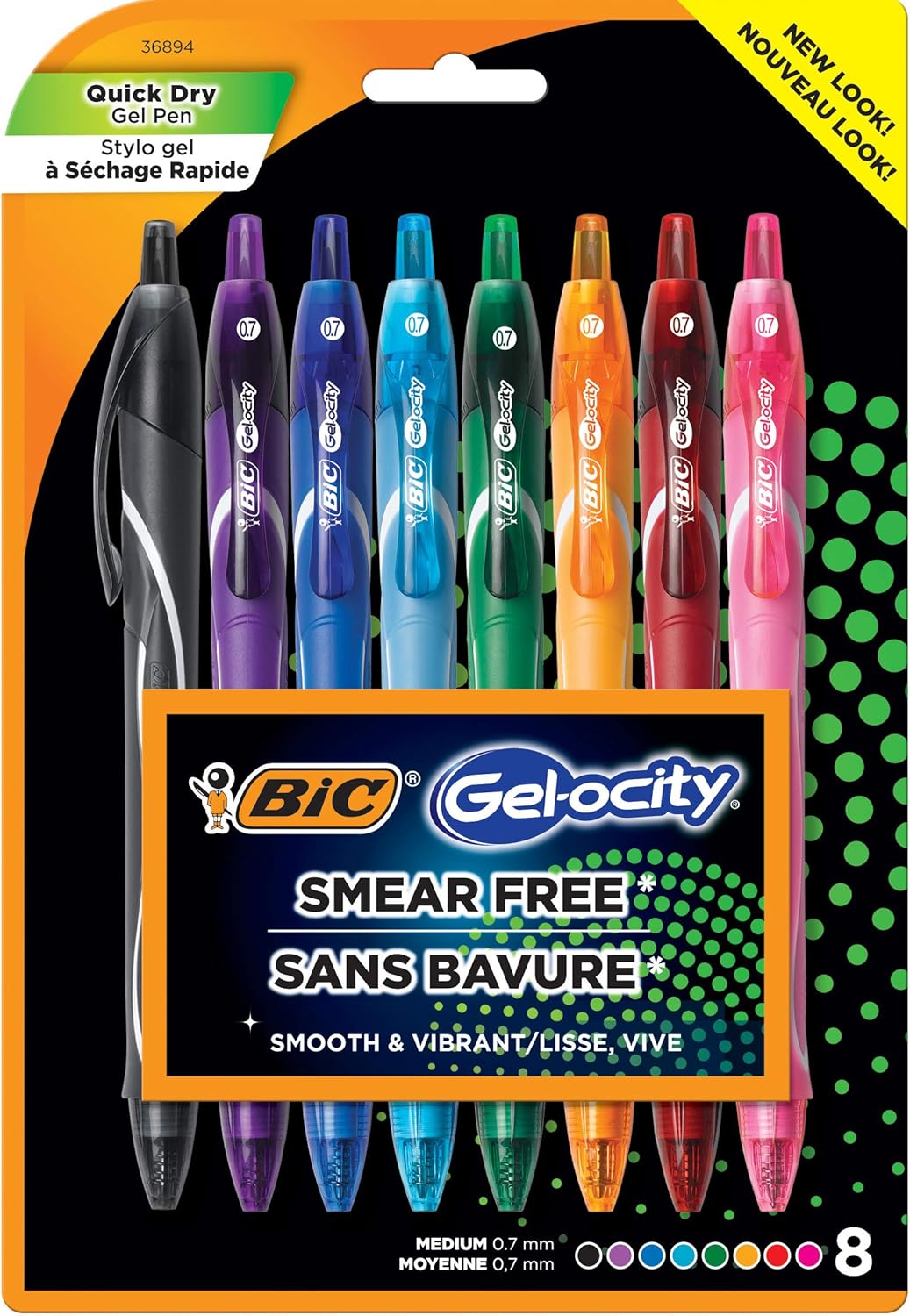 BIC Gelocity Quick Dry Assorted colors Gel Pens, Medium Point 0.7 mm, Smear Free, Retractable Gel Pens With Comfortable Full Grip, 8 Pack