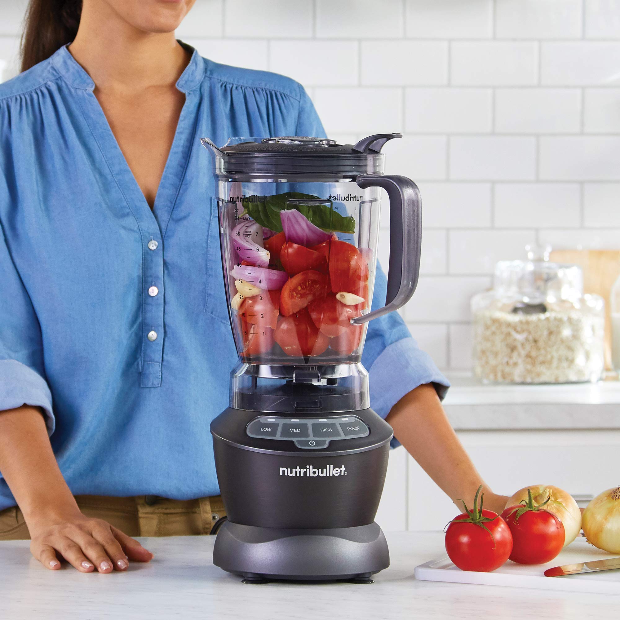 nutribullet Full-Size Blender Combo, Single-Serve & Large Capacity, 1200W, 64oz Pitcher, 32oz Cup, Extractor Blade, 3-Speed, Pulse, Smoothies, Soups, Sauces, Easy Cleaning, Matte Black, NBF50500AK