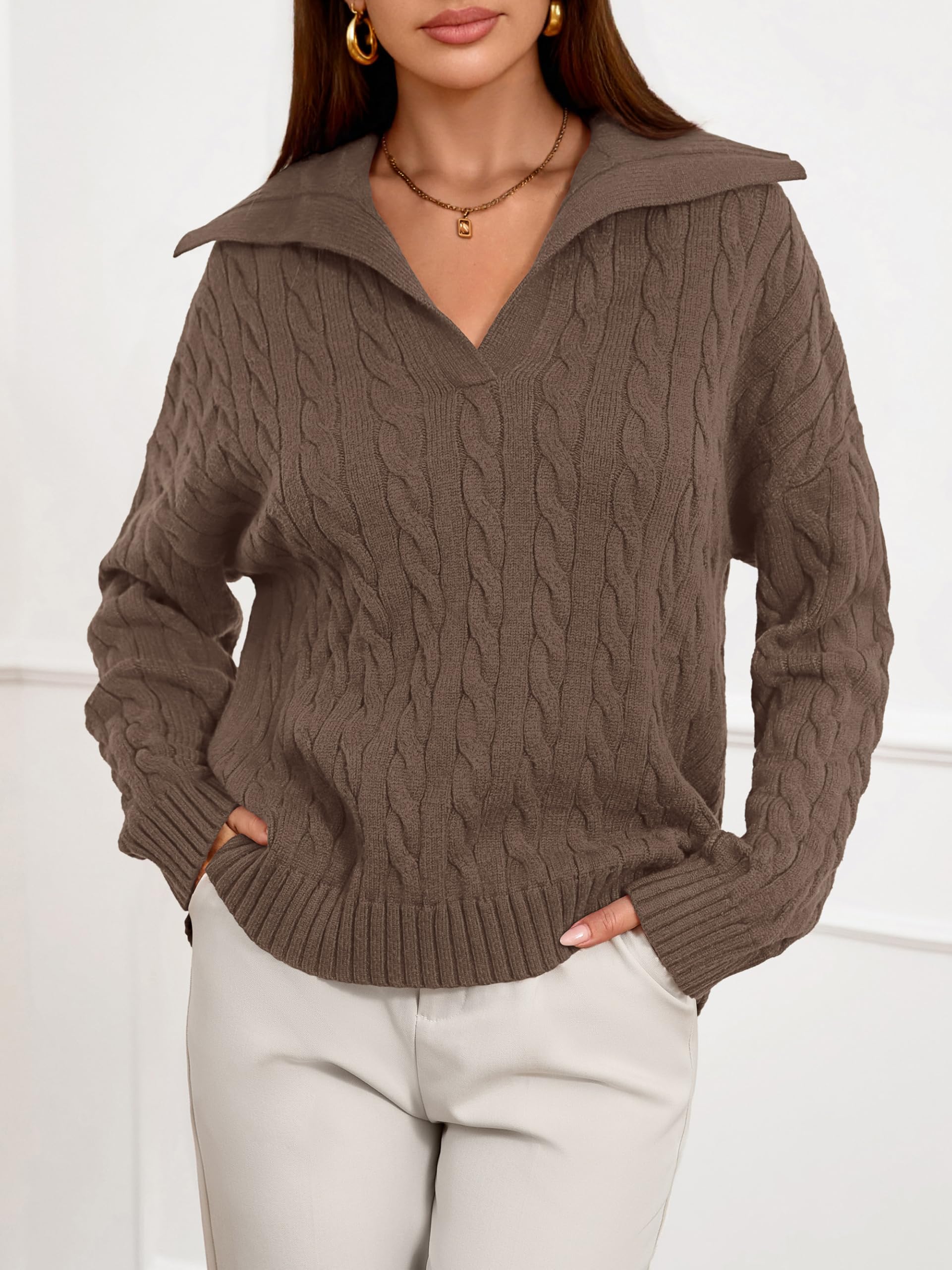 PRETTYGARDEN Spring Cable Knit Oversized Sweaters for Women 2026 Polo V Neck Long Sleeve Casual Chunky Sweater Pullover Tops