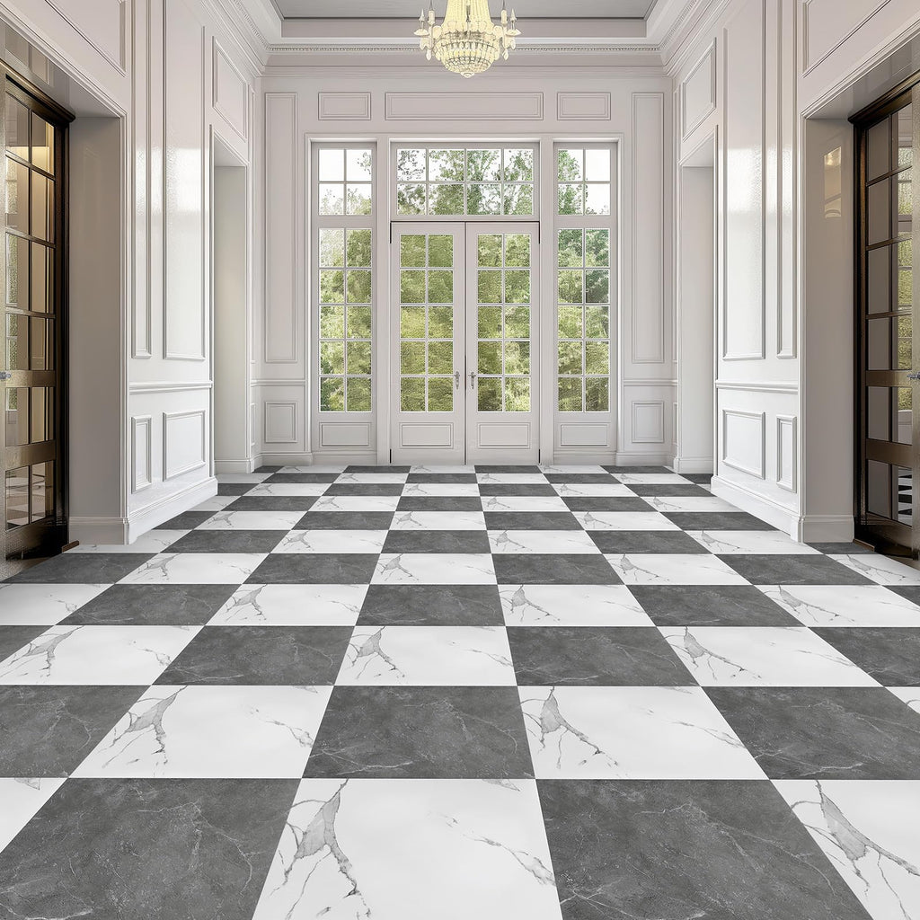 Spiareal 48 Pieces Peel and Stick Floor Tiles Vinyl Flooring 12 x 12 Inch Stick on Floor Tile Self Adhesive Waterproof DIY for Bathroom Kitchen Bedroom Living Room(Black Marble)