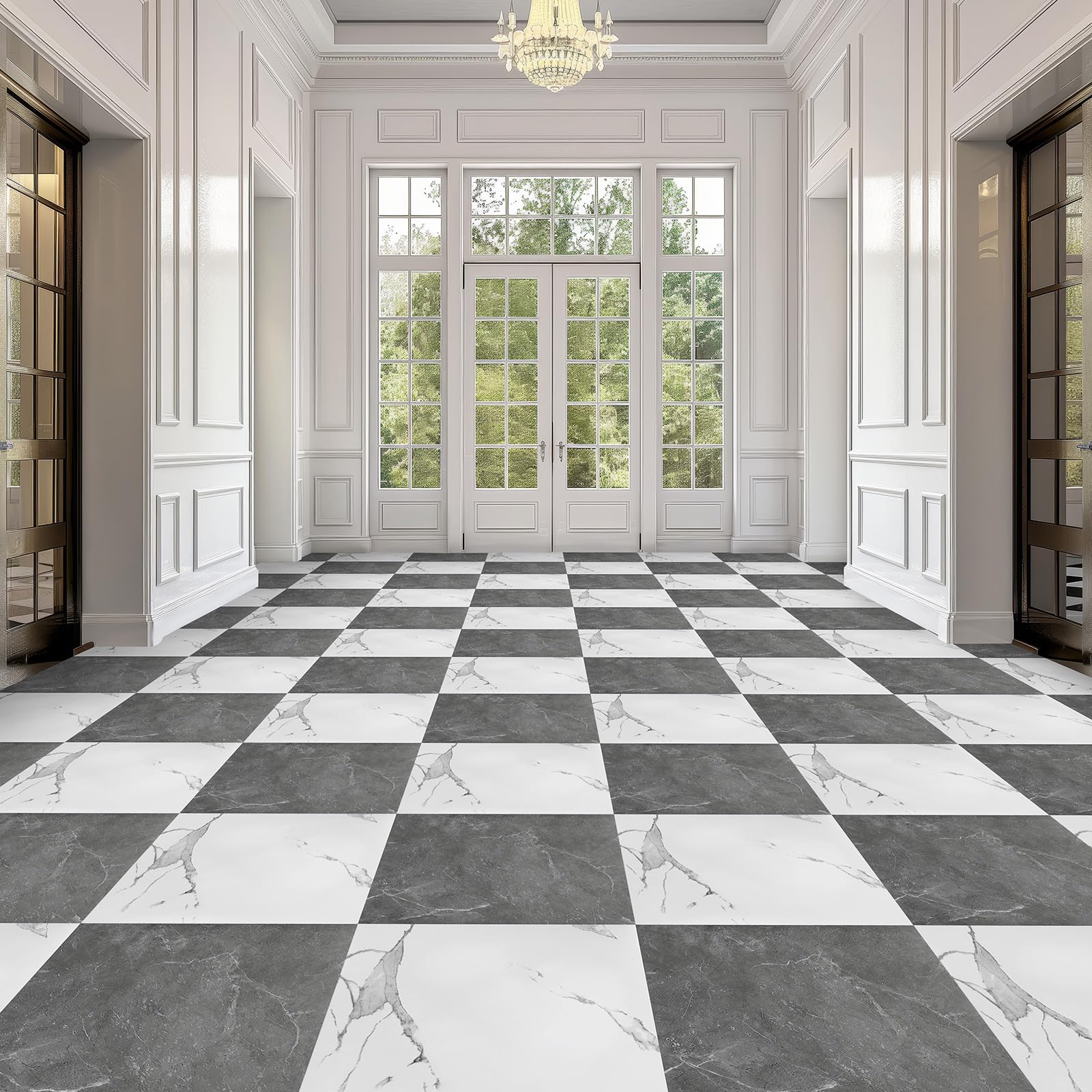 Spiareal 48 Pieces Peel and Stick Floor Tiles Vinyl Flooring 12 x 12 Inch Stick on Floor Tile Self Adhesive Waterproof DIY for Bathroom Kitchen Bedroom Living Room(Black Marble)