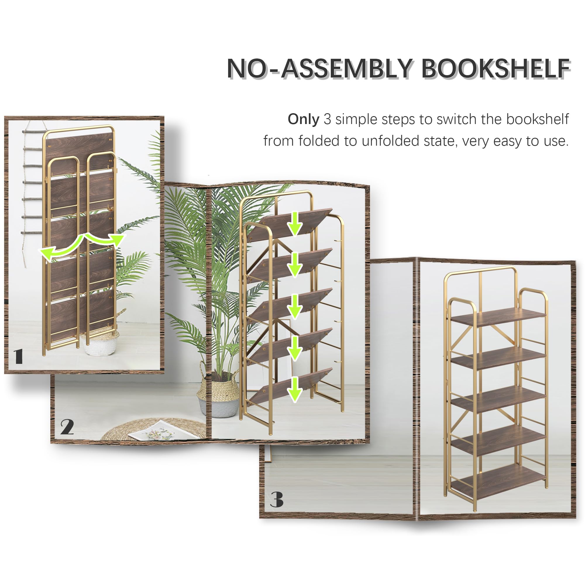 4NM No Assembly Folding Bookshelf, 3 Tiers Collapsible Book Shelves Open Industrial Foldable Storage Bookcase Shelf for Bedroom, Living Room, Home Office - Natural and White