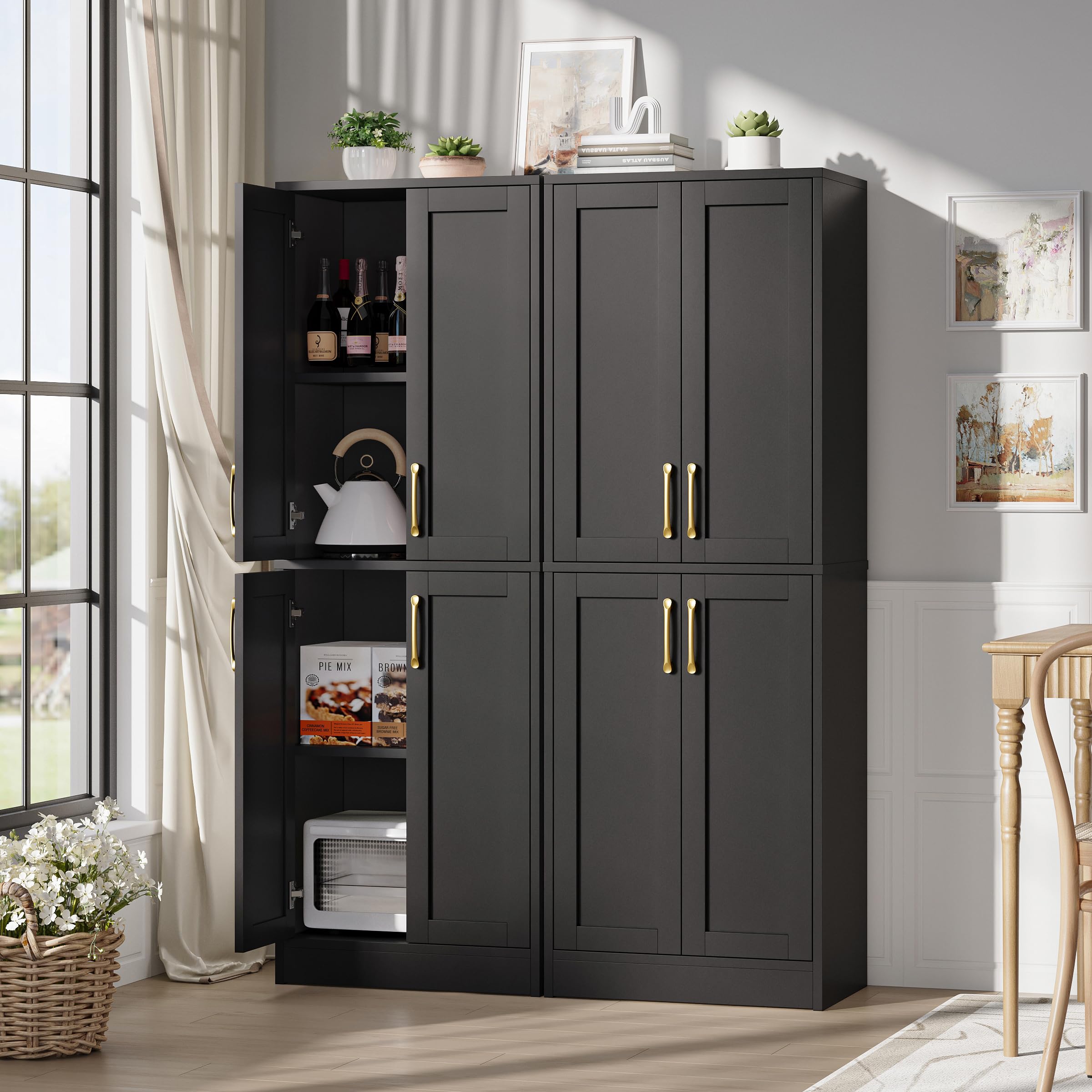 Pantry - Kitchen Pantry Cabinet with 4 Doors and Adjustable Shelves, Tall Black Cabinet Freestanding Storage Cupboard for Dining Room Living Room, Laundry, Bathroom (Black)