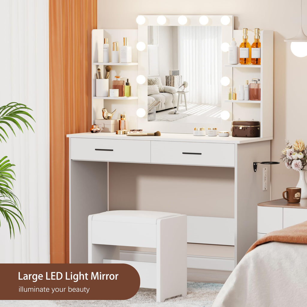 YIKEHOME Makeup Vanity Desk with Mirror and 10 Lights, 3-Colour Hollywood Brighter Bulbs, Vanity Table Set with Large Drawers and and Charging Station for Bedroom Dressing Room White