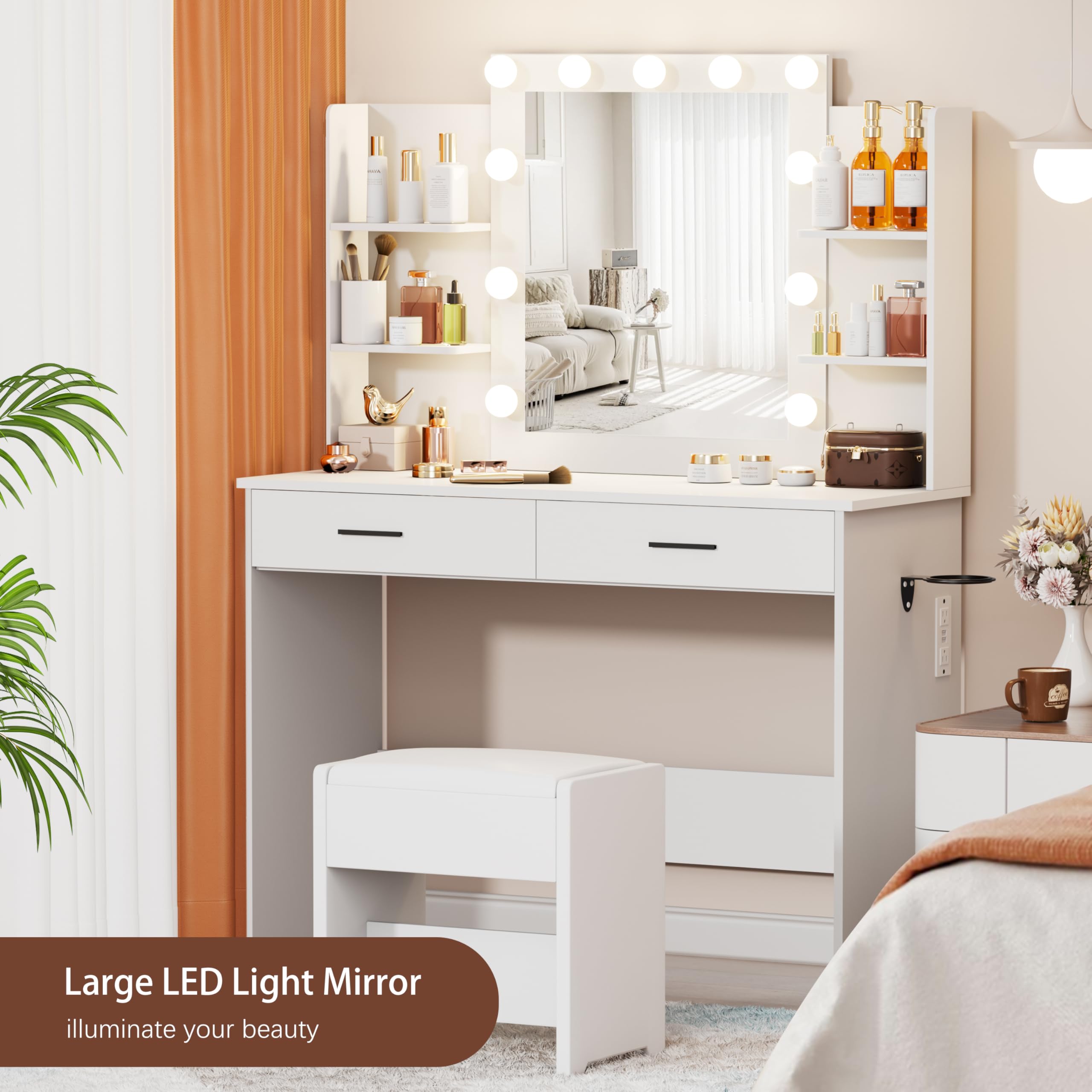 YIKEHOME Makeup Vanity Desk with Mirror and 10 Lights, 3-Colour Hollywood Brighter Bulbs, Vanity Table Set with Large Drawers and and Charging Station for Bedroom Dressing Room White