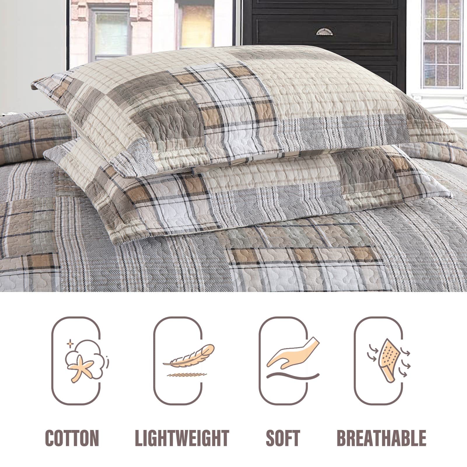 Y-PLWOMEN 100% Cotton Farmhouse Plaid Lightweight 3-Pieces Quilt Set (Blue Brown, Queen90 * 98 Inch)