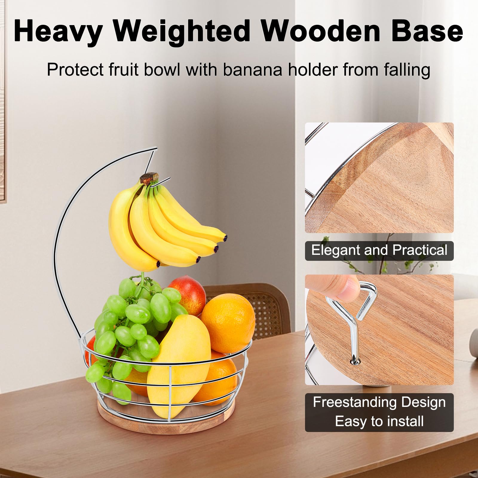 Livabber Countertop Fruit Basket Bowl with Banana Hanger, Modern Standing Fruit Vegetable Bowl Storage, with Banana Tree Holder for Kitchen Dinning Table (Round Marble, Black)