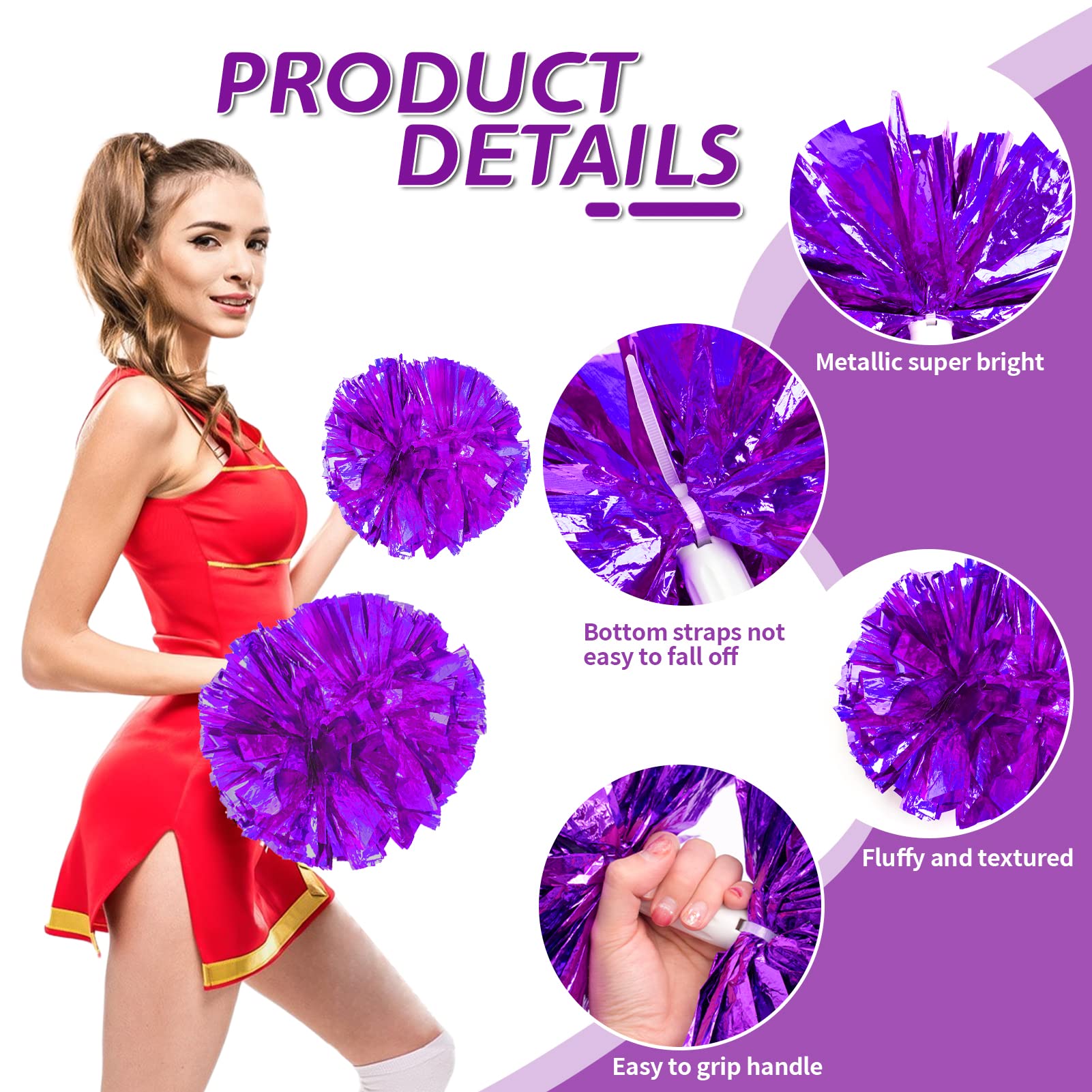 4Pcs Metallic Cheerleading Pom Poms, Creatiee 2 Pair Cheerleader Cheering Squad Pompoms for School Sports Dance Games Team Spirit Cheer