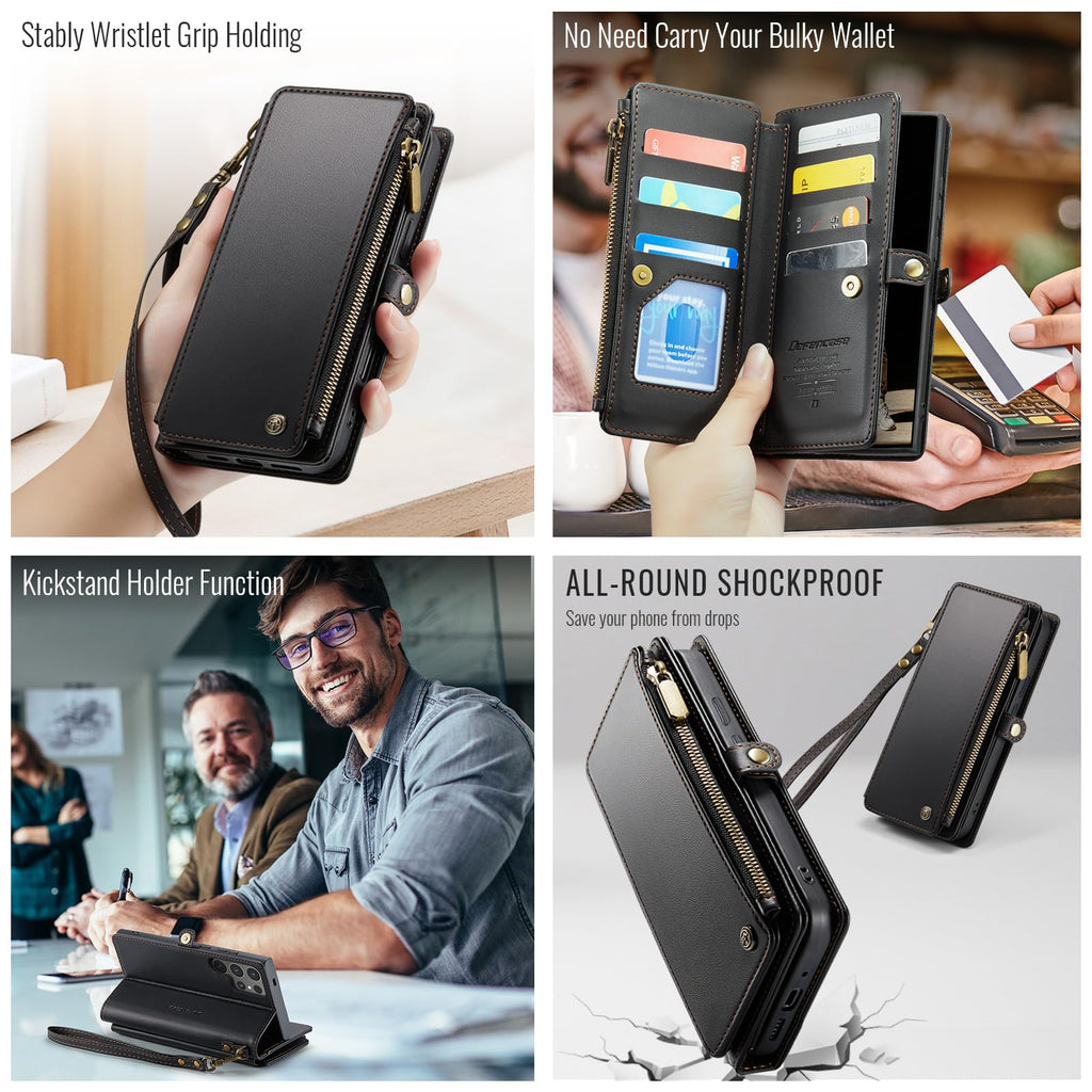 Defencase for Samsung Galaxy S25 Ultra Magnetic Wallet Case Compatible with Magsafe with RFID Blocking Zipper & Card Holder Women, PU Leather Detachable Phone Case for Galaxy S25 Ultra 6.9", Black
