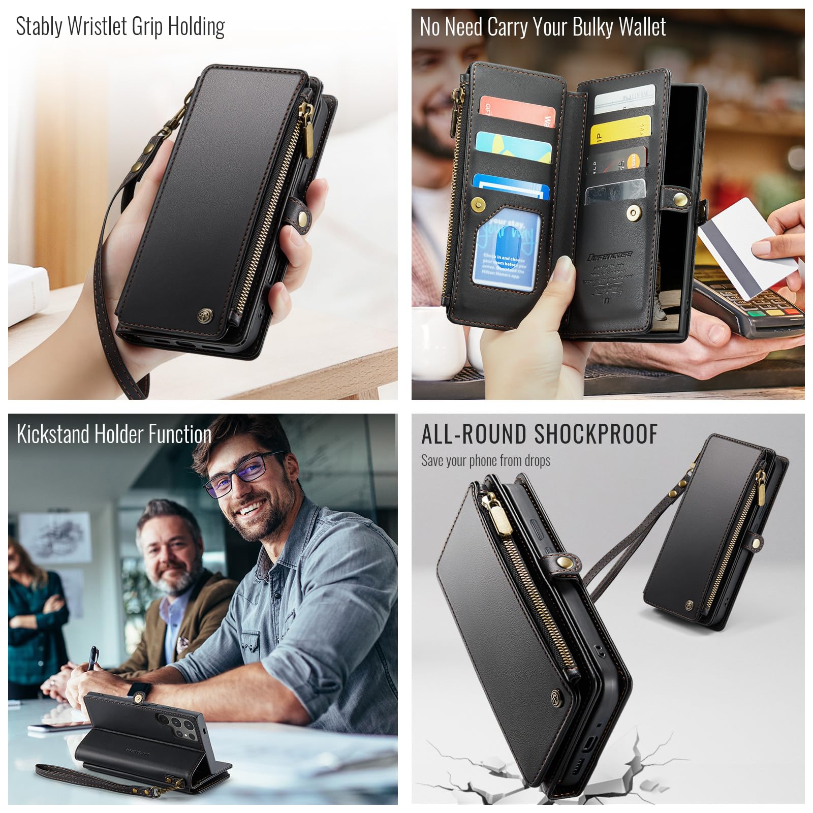 Defencase for Samsung Galaxy S25 Ultra Magnetic Wallet Case Compatible with Magsafe with RFID Blocking Zipper & Card Holder Women, PU Leather Detachable Phone Case for Galaxy S25 Ultra 6.9", Black
