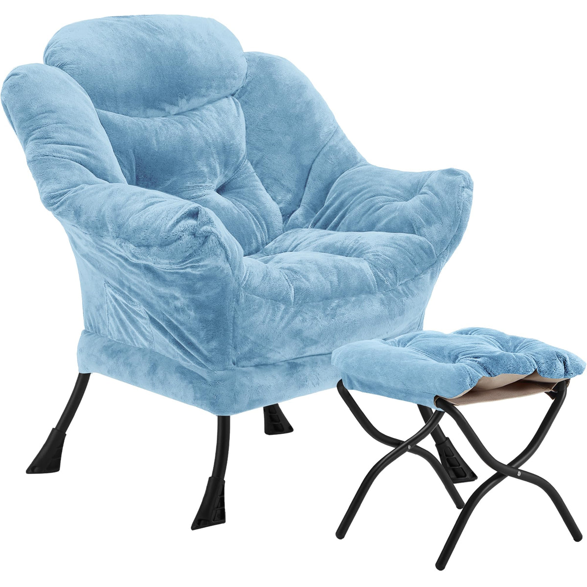 Youtanic Lazy Chair with Folding Ottoman, Accent Chair Velvet Upholstered with Metal Structure and Non-Slip Pads, Sofa Armchair with Footrest and Side Storage Bag for Dorm, Room, Office, Beige