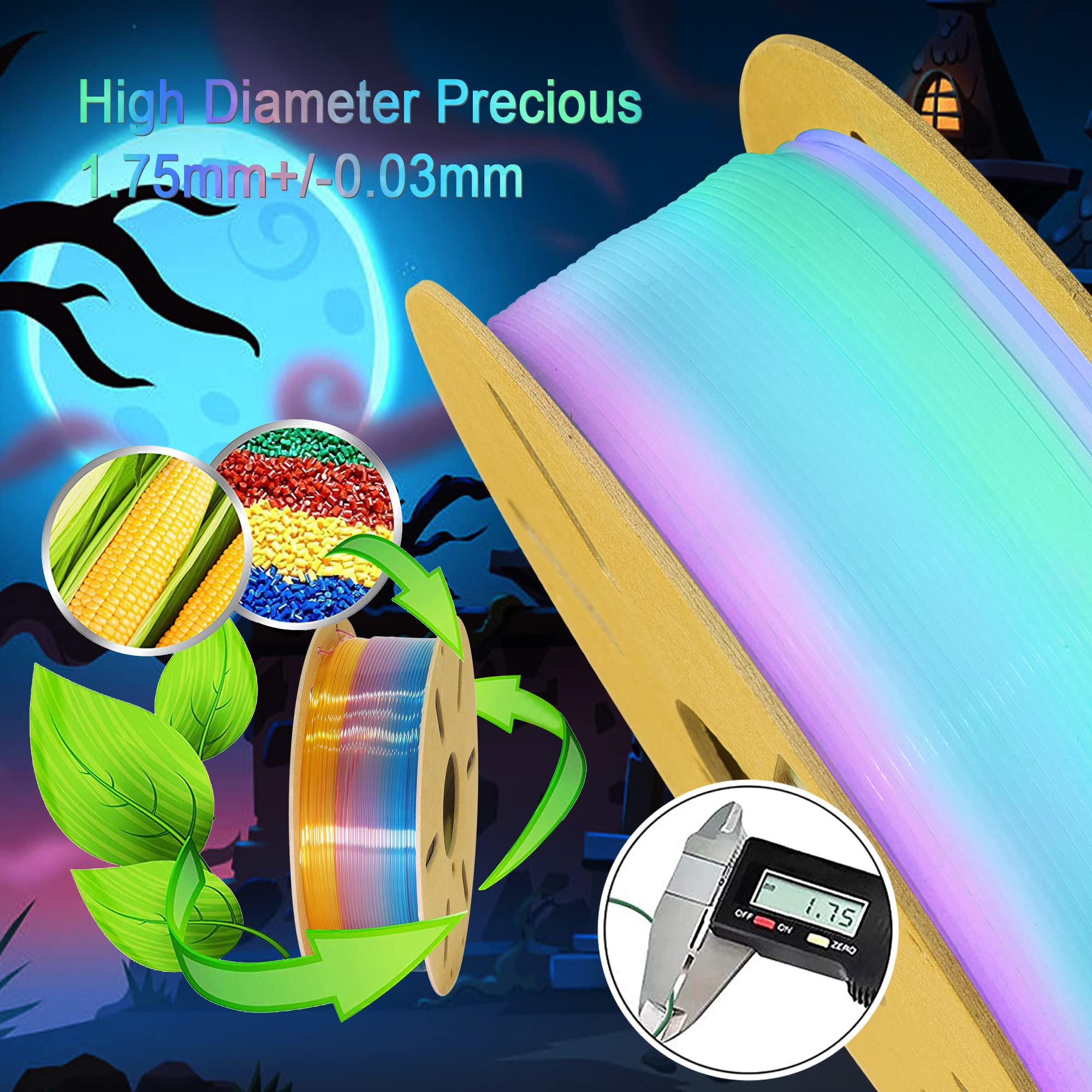 1.75mm PLA 3D Printer Filament Bundle: Glow in Dark Green/Blue/Purple/Rainbow, One Spool Clear Multi Colored, Each Spool 250g, Total 1.25Kg 3D Printing Material, 250g x 5 Spools Glow in Dark PLA