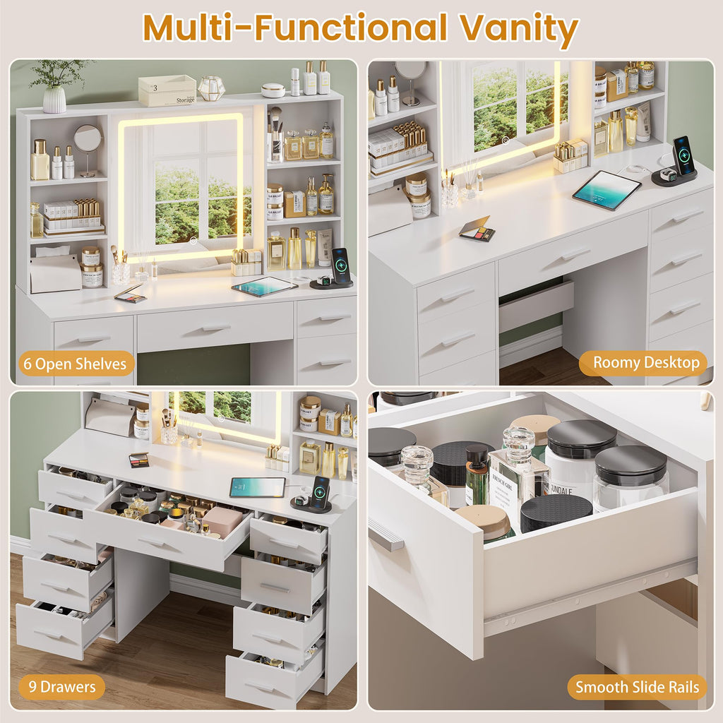 Vanity Desk with Lighted Mirror, Black Vanity with 4 Drawers,Makeup Vanity with Storage Shelves and Power Outlet,10 Lights with 3 Color Modes Brightness Adjustable for Girls’ Bedroom (Black)