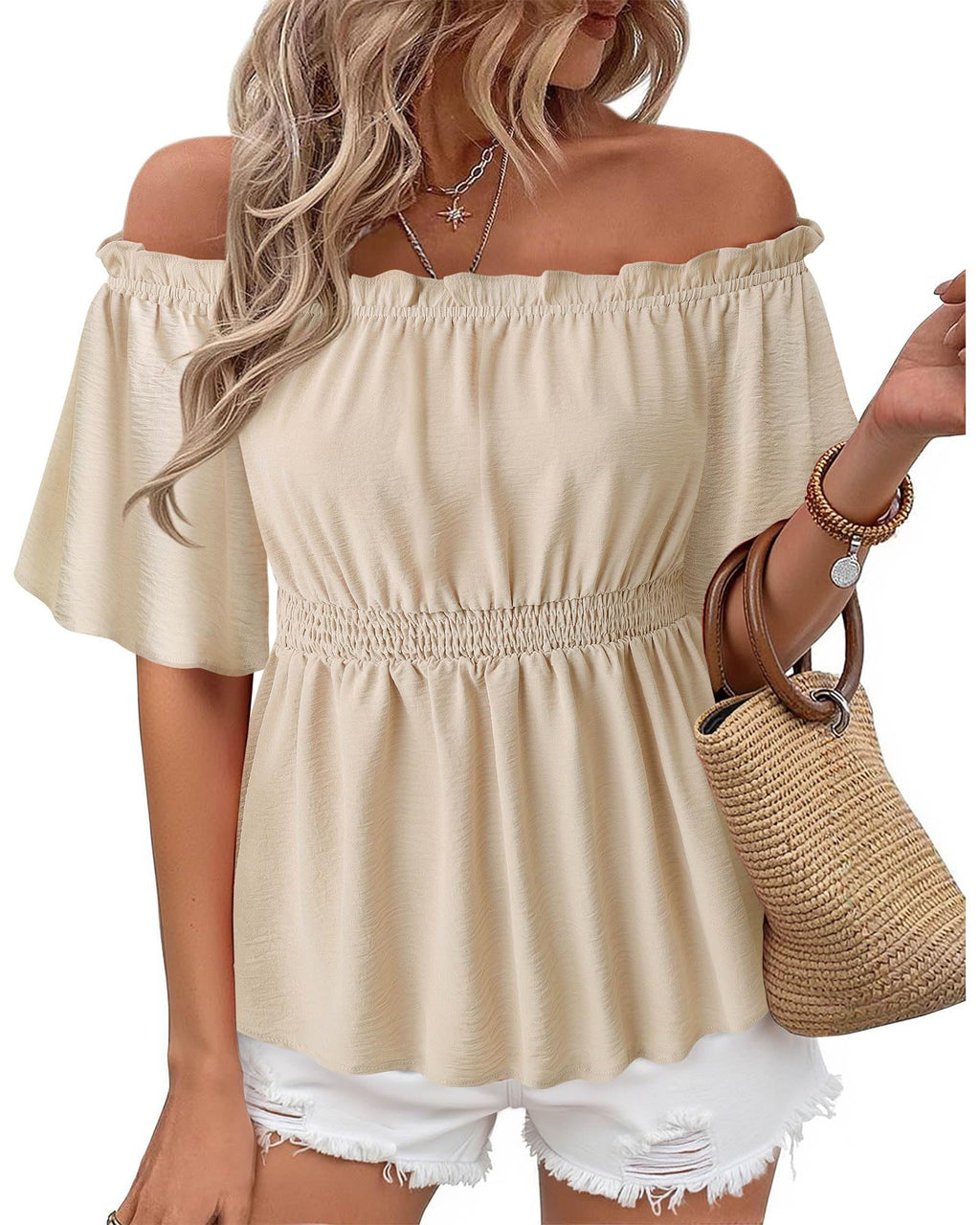 Bebonnie Women's Summer Sexy Off The Shoulder Peplum Tops Ruffle Sleeve Dressy Blouses