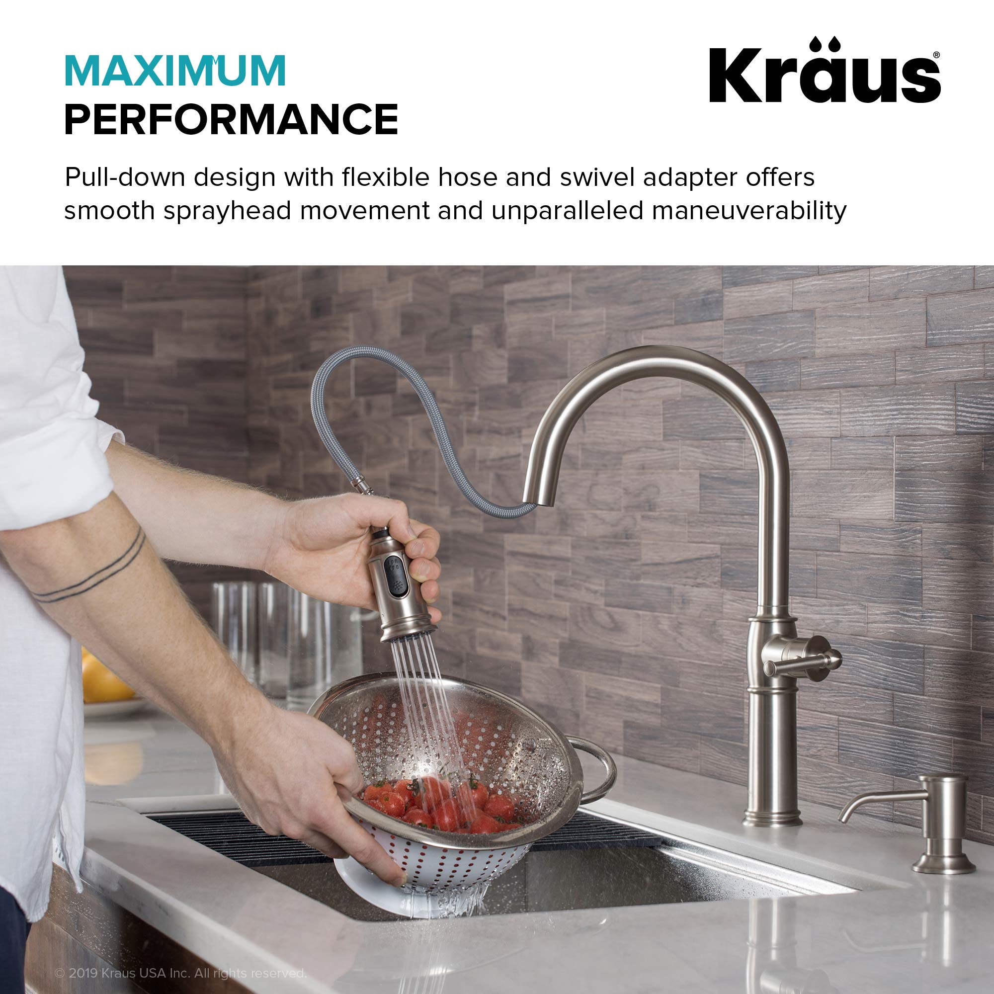 KRAUS Allyn Transitional Bridge Kitchen Faucet with Pull-Down Sprayhead in Brushed Gold, KPF-3121BG
