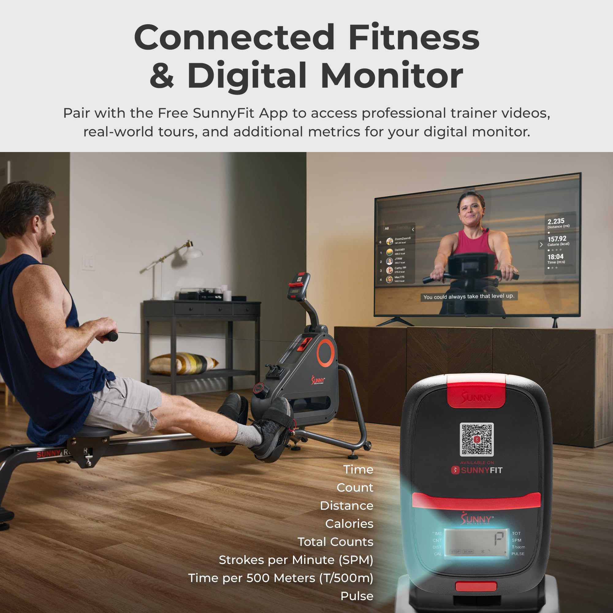 Sunny Health & Fitness Magnetic Rowing Machine for Home Exercise, Quiet & Smooth Rower with Compact Storage and Optional Free SunnyFit App Connectivity