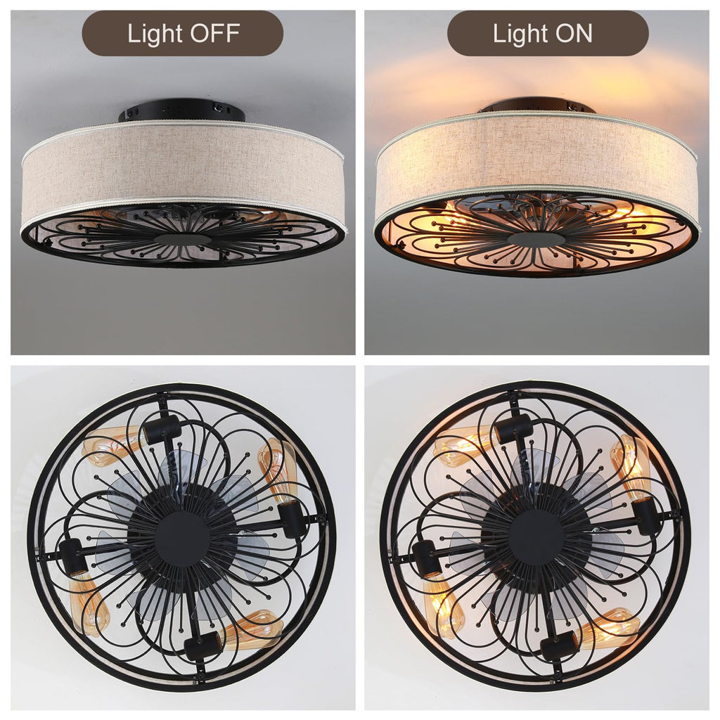 20" Boho Rattan Caged Ceiling Fan with Light,Low Profile Flush Mount Bladeless Ceiling Fan with Remote Control, 6 Speeds Reversible Silent Motor, Farmhouse Fabric Fandalier for Bedroom,Living Room