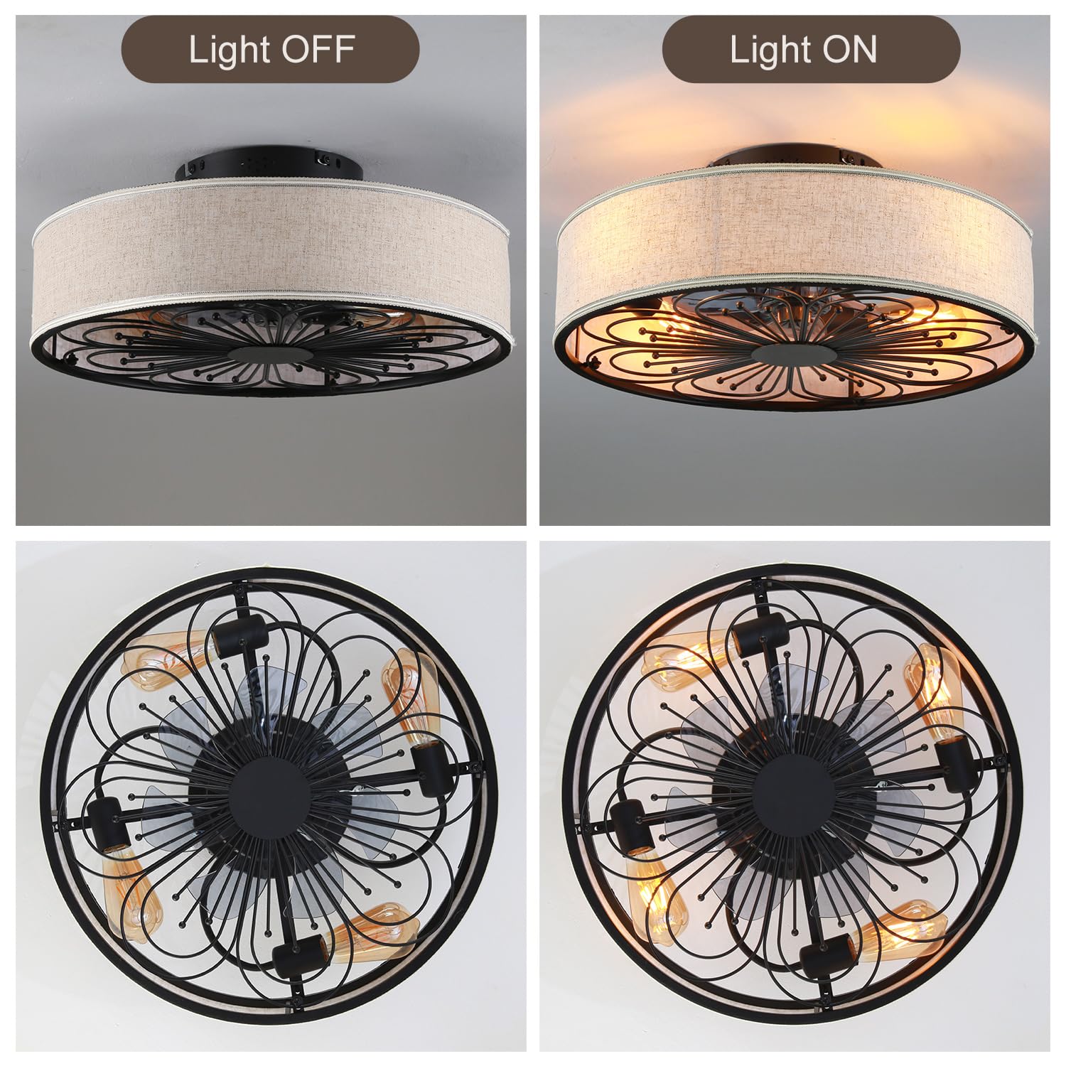 20" Boho Rattan Caged Ceiling Fan with Light,Low Profile Flush Mount Bladeless Ceiling Fan with Remote Control, 6 Speeds Reversible Silent Motor, Farmhouse Fabric Fandalier for Bedroom,Living Room