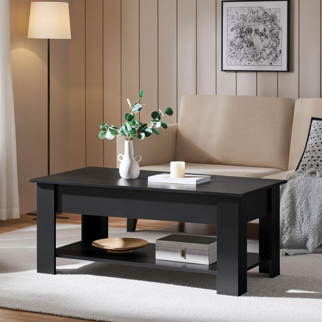 Yaheetech Wooden Coffee Table, Lift Top Coffee Table with Large Hidden Storage Shelf, Lift Tabletop Dining Tables for Living Room, Home Small Space, 38.6in, Black