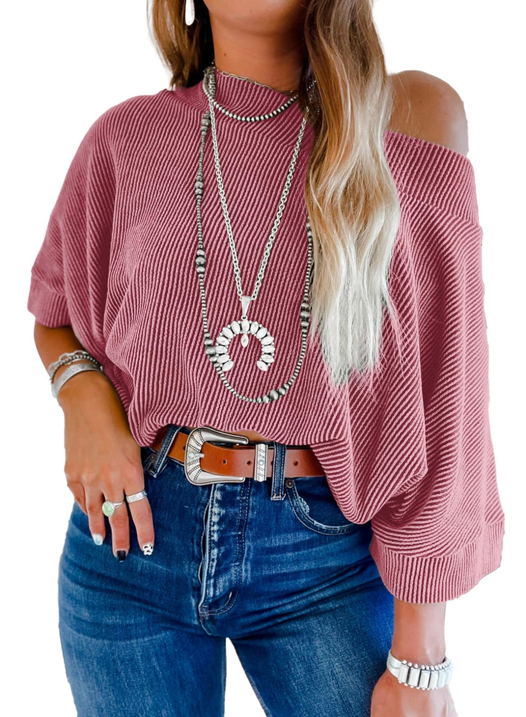 EVALESS Sexy Off The Shoulder Tops for Women 3/4 Length Sleeve Womens Tops Spring Summer 2026 Boat Neck One Shoulder Shirts