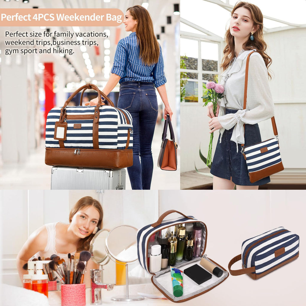 Wogarl 4PCS Weekender Bags for Women Large Overnight Weekend Travel Duffel Carry on Shoulder with Shoe Compartment Canvas Toiletry Bag for Travel Business Gym