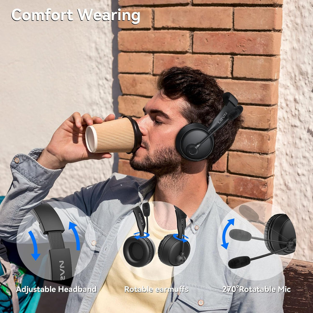 LEVN Bluetooth Headset, Bluetooth Headphones with Microphone (AI Cancelling), 60 Hrs Working Time Dual Connection Wireless Headset with Mic & Mute Button for Work/Phone/Call Center/PC