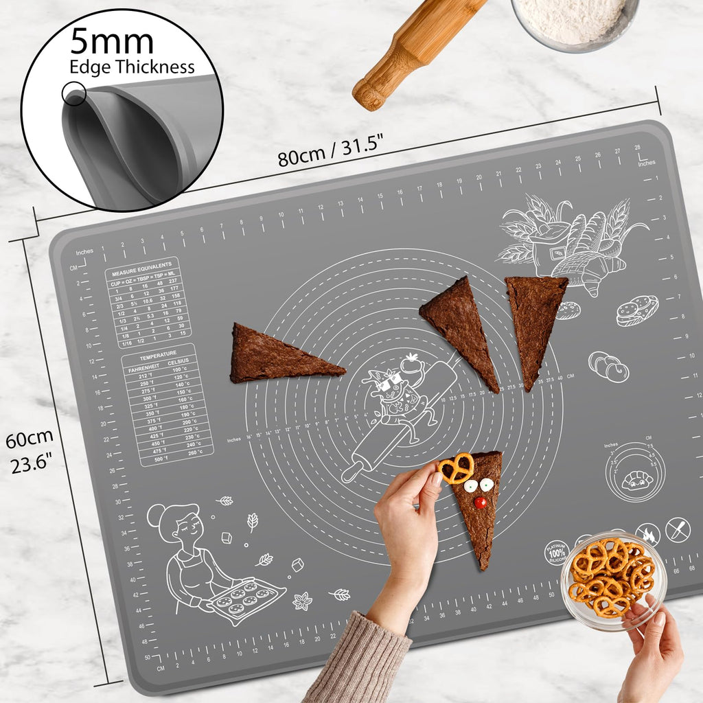 Silicone Baking Mat 24" x 16" Extra Thick Non-stick Pastry Mat with Measurements and Edge Heightening, Food Grade Silicone for Countertop Dough Rolling Making Bread, Cookies, Pizza, Fondant, Pasta