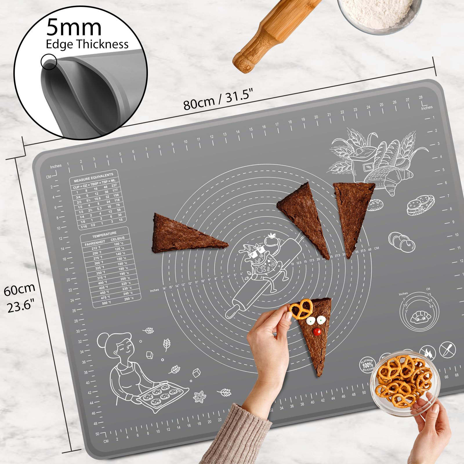 Silicone Baking Mat 24" x 16" Extra Thick Non-stick Pastry Mat with Measurements and Edge Heightening, Food Grade Silicone for Countertop Dough Rolling Making Bread, Cookies, Pizza, Fondant, Pasta