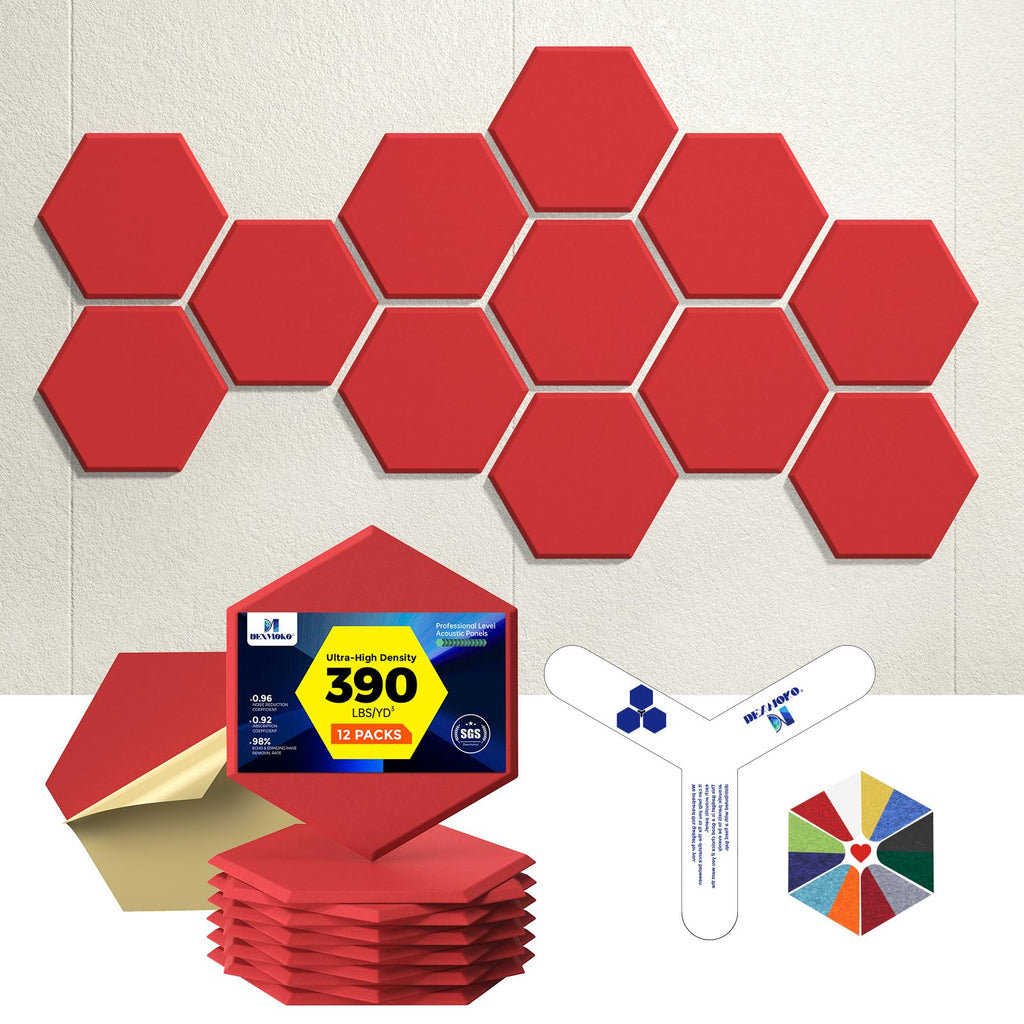 Self-Adhesive Acoustic Panels [390 lbs/yd³ Ultra-High Density], 2nd Generation Sound Absorbing Panel, Professional Level Sound Panel, Polyester Soundproof Foam [Medium Hexagon, Beige]