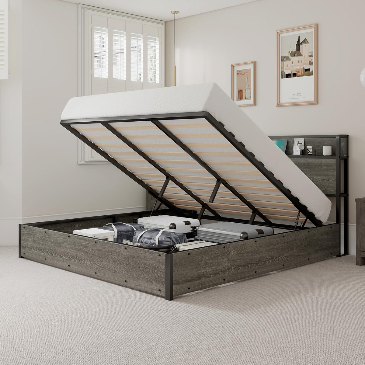 LUXOAK Full Size Lift Up Storage Bed, Wood Platform Bed Frame with Storage Headboard & Charging Station, No Box Spring Needed, Easy Assembly, Black