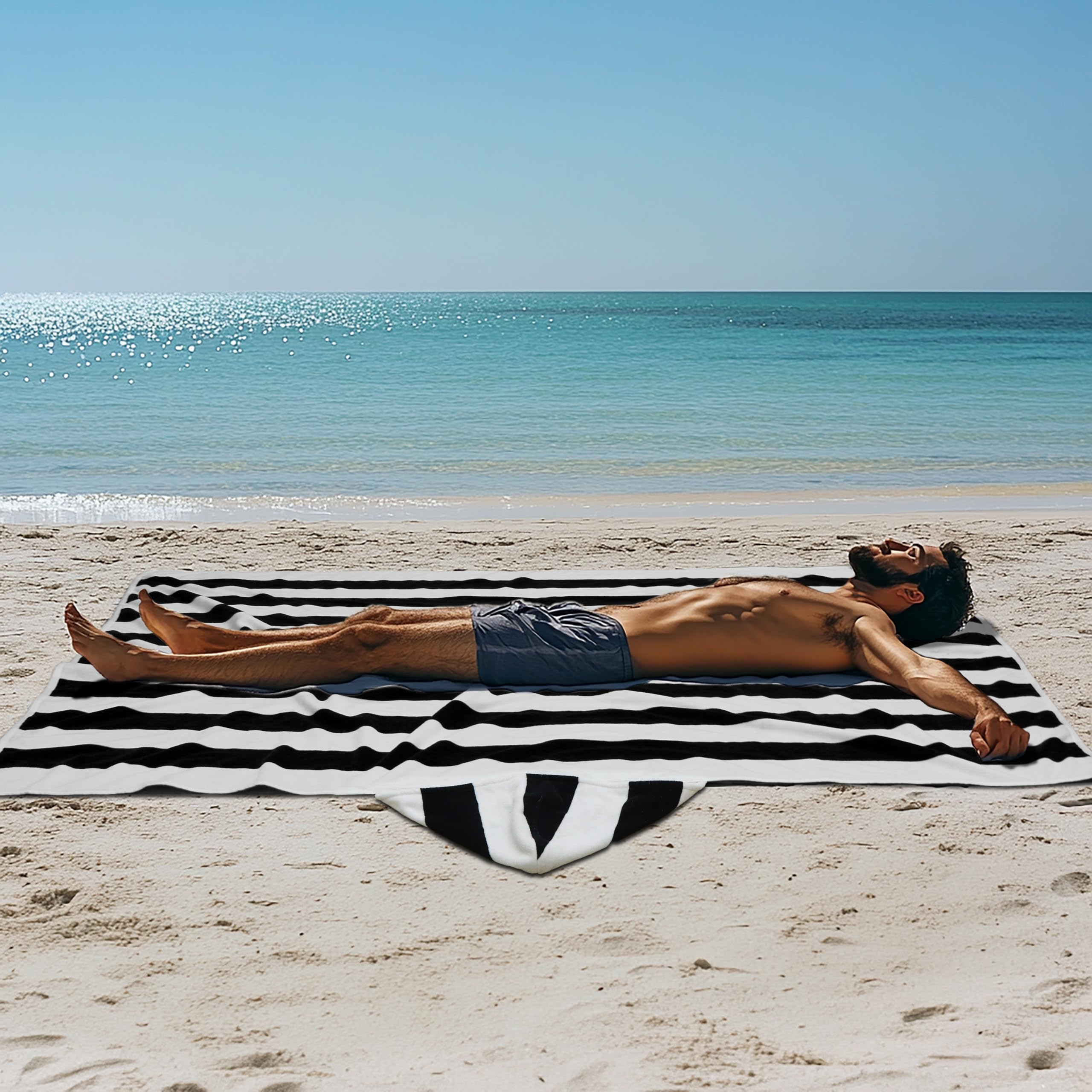 COTTON CRAFT Ombre Stripe Extra Wide Beach Towel for Two - 58x68 - Pure Cotton - Double Woven Jacquard Thick Plush Super Soft Luxurious Velour Pile - Pool Picnic Bath - 450 GSM - Blue