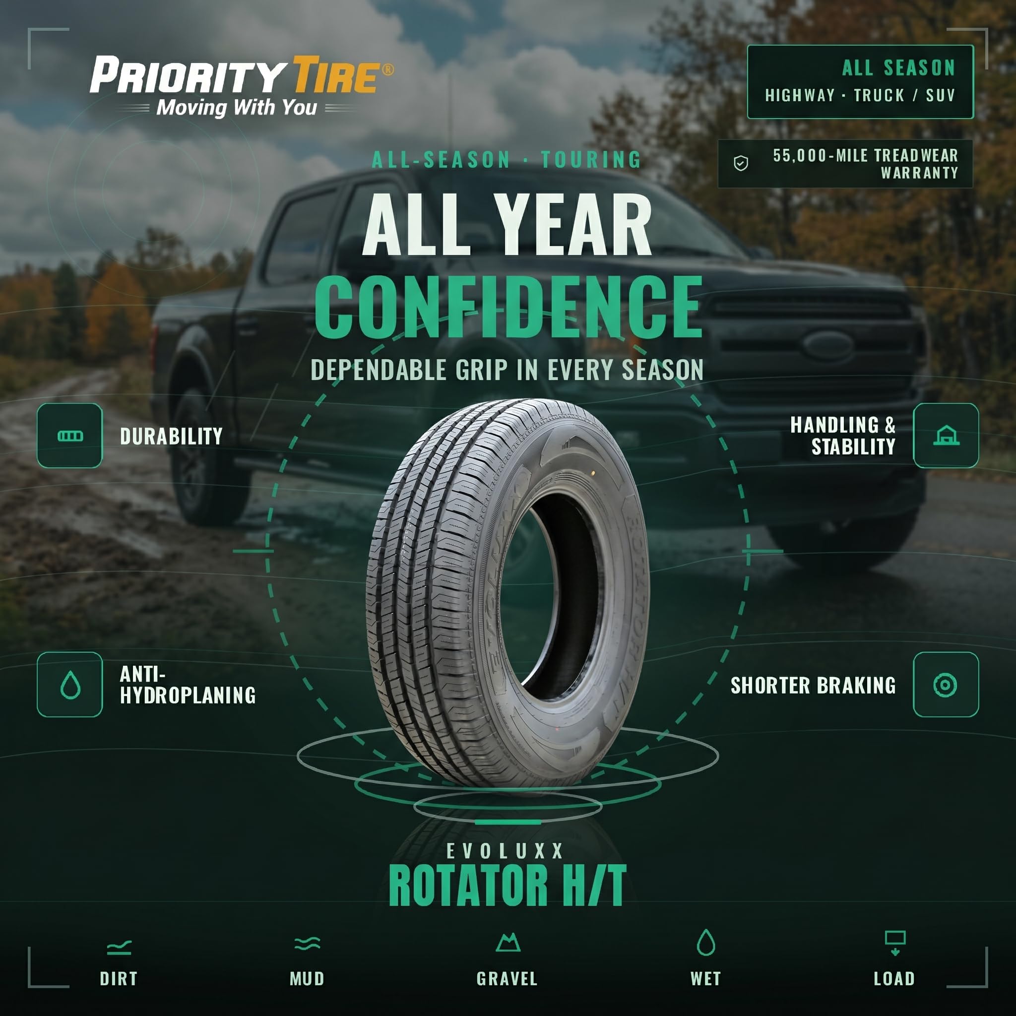 Evoluxx Rotator H/T All-Season Commercial Van Radial Tire-195/75R16 195/75/16 195/75-16 107/105R Load Range D LRD 8-Ply BSW Black Side Wall