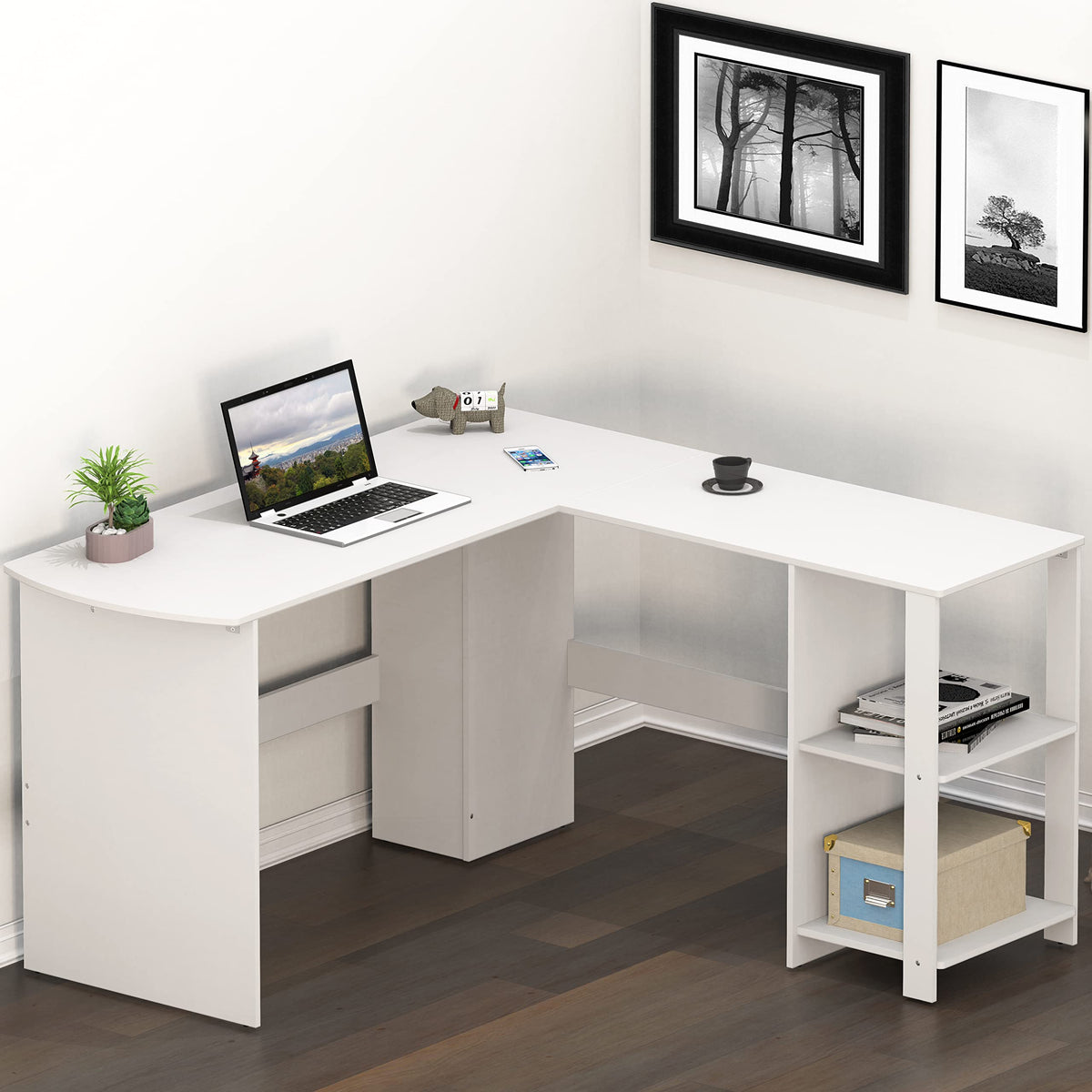 SHW 51 x 51 Inches L-Shaped Home Office Wood Corner Desk wtih Storage, Black