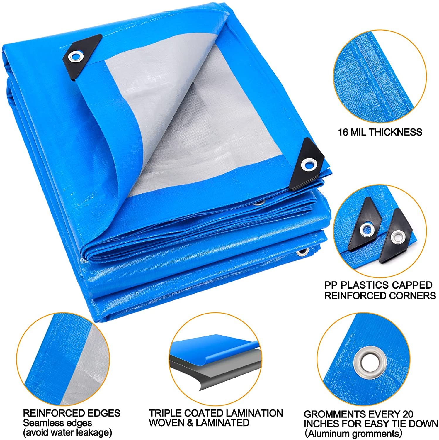 Blue Tarp, Tarps Heavy Duty Waterproof 4x20, Waterproof Plastic Poly 16 Mil Thick Tarpaulin with Metal Grommets Every 19.5 Inches - Emergency Rain Shelter, Outdoor Cover, and Camping Use