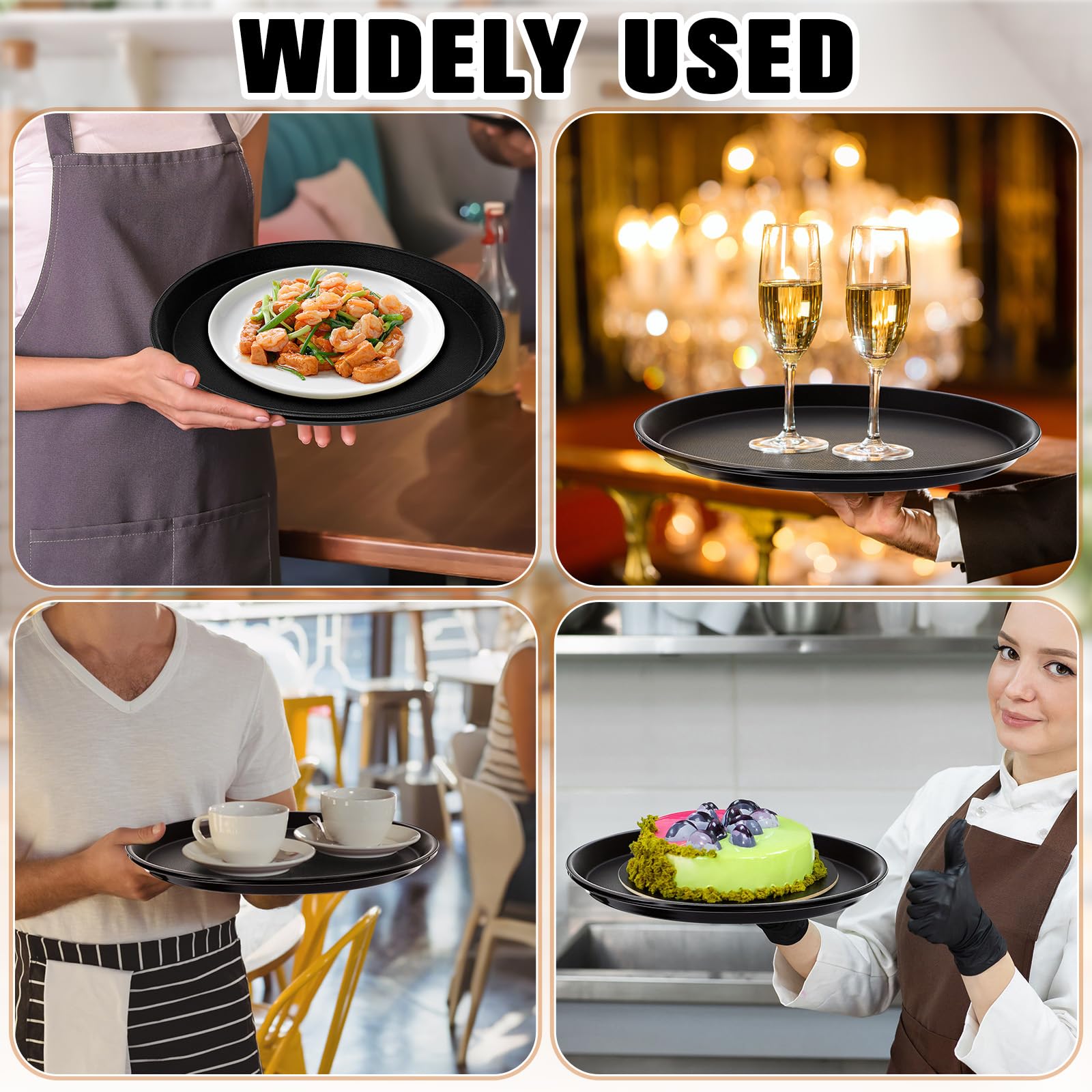 Zopeal 2 Pieces Black Round Restaurant Serving Tray, Plastic Non Slip Surface Food Meals Server Tray with Raised Edges for Home, Kitchen, Restaurant, Cafeteria, Bar (11")