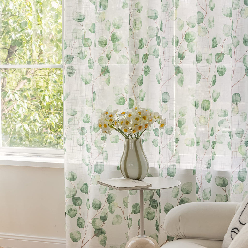 SUOUO Blue Leaf Semi Sheer White Curtains for Bedroom Dining Living Room Linen Textured 84 inches Long Rod Pocket Boho Window Drapes 2 Panels