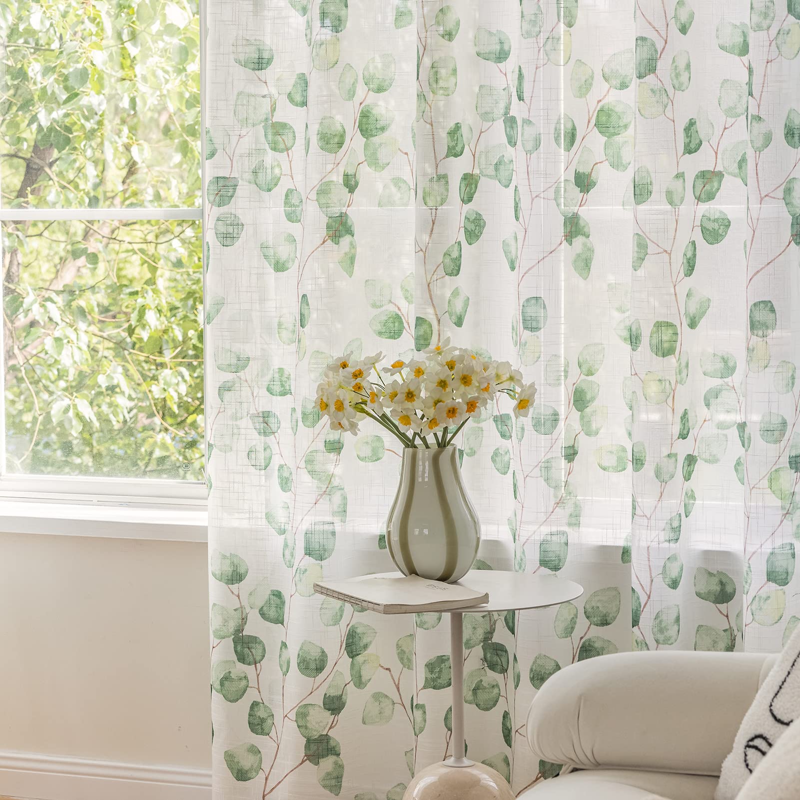 SUOUO Blue Leaf Semi Sheer White Curtains for Bedroom Dining Living Room Linen Textured 84 inches Long Rod Pocket Boho Window Drapes 2 Panels