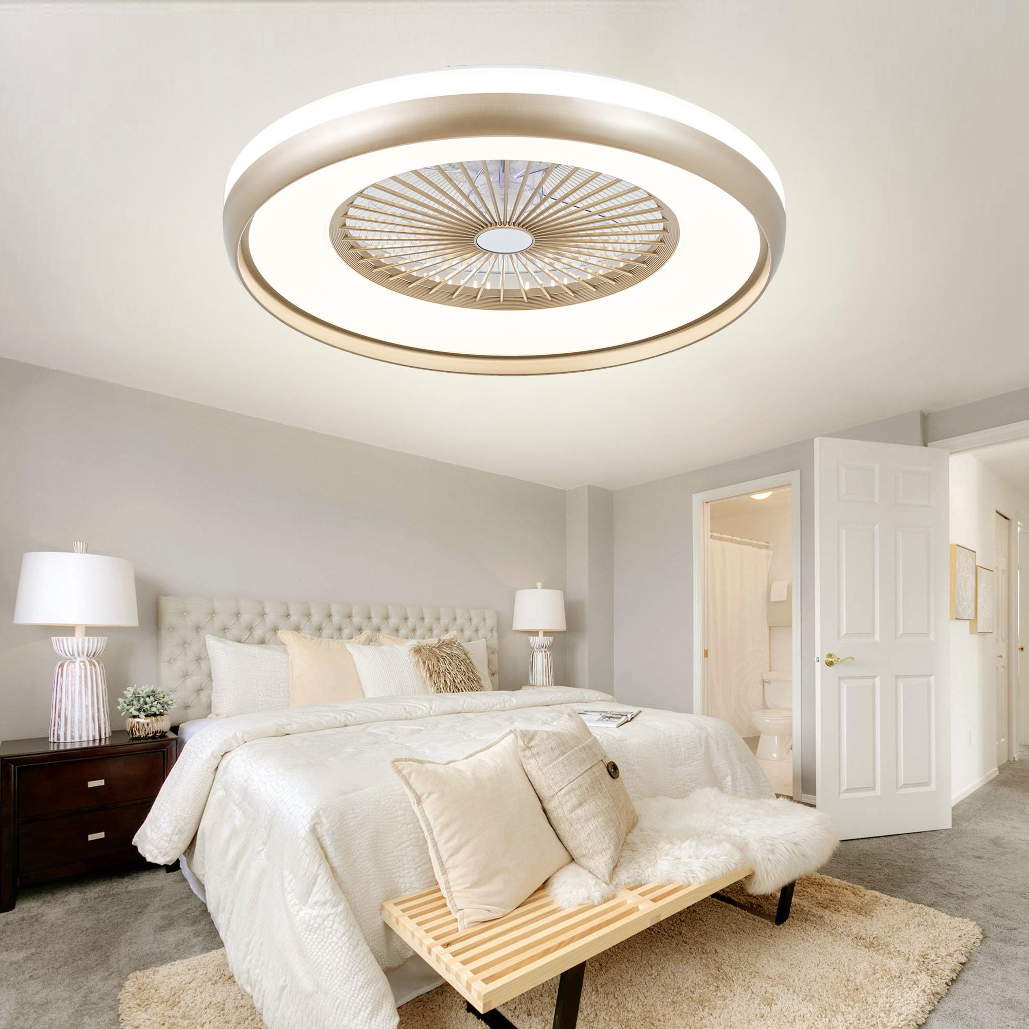 24" Bladeless Ceiling Fan with Light Remote, Smart LED Ceiling Fans with App Control, Modern Low Profile Dimmable Light Ceiling Fan for Bedroom Living Room Gold