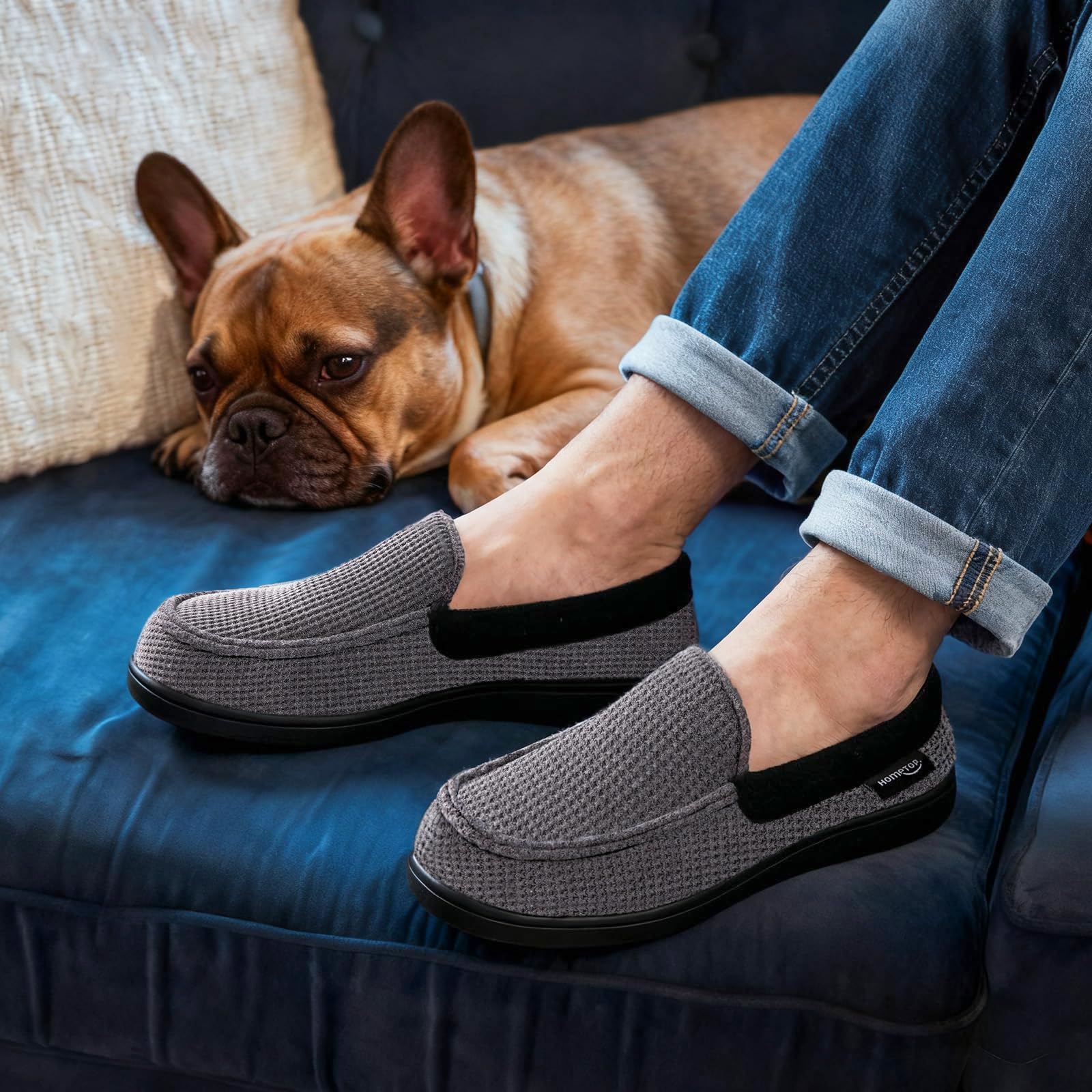 HomeTop Men's Comfort Memory Foam Moccasin Slippers, Breathable Cotton Knit Terry Cloth House Shoes for Indoor Outdoor