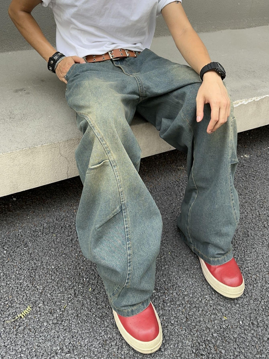 DFGIGT Men's Irregular Sutures Y2k Hip Hop Baggy Jeans Wide Leg Denim Pants Casual Loose Fit Trousers Streetwear