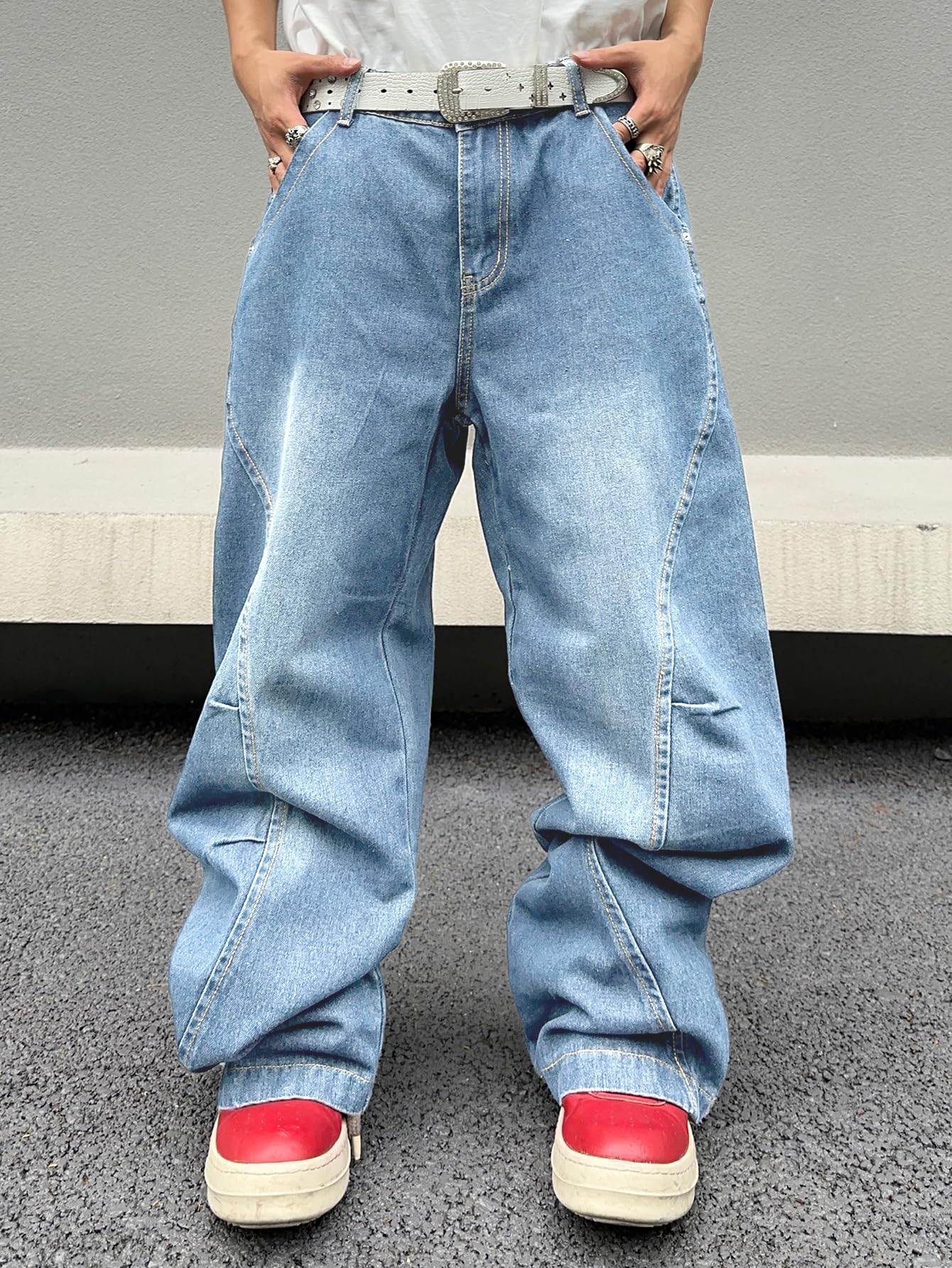 DFGIGT Men's Irregular Sutures Y2k Hip Hop Baggy Jeans Wide Leg Denim Pants Casual Loose Fit Trousers Streetwear