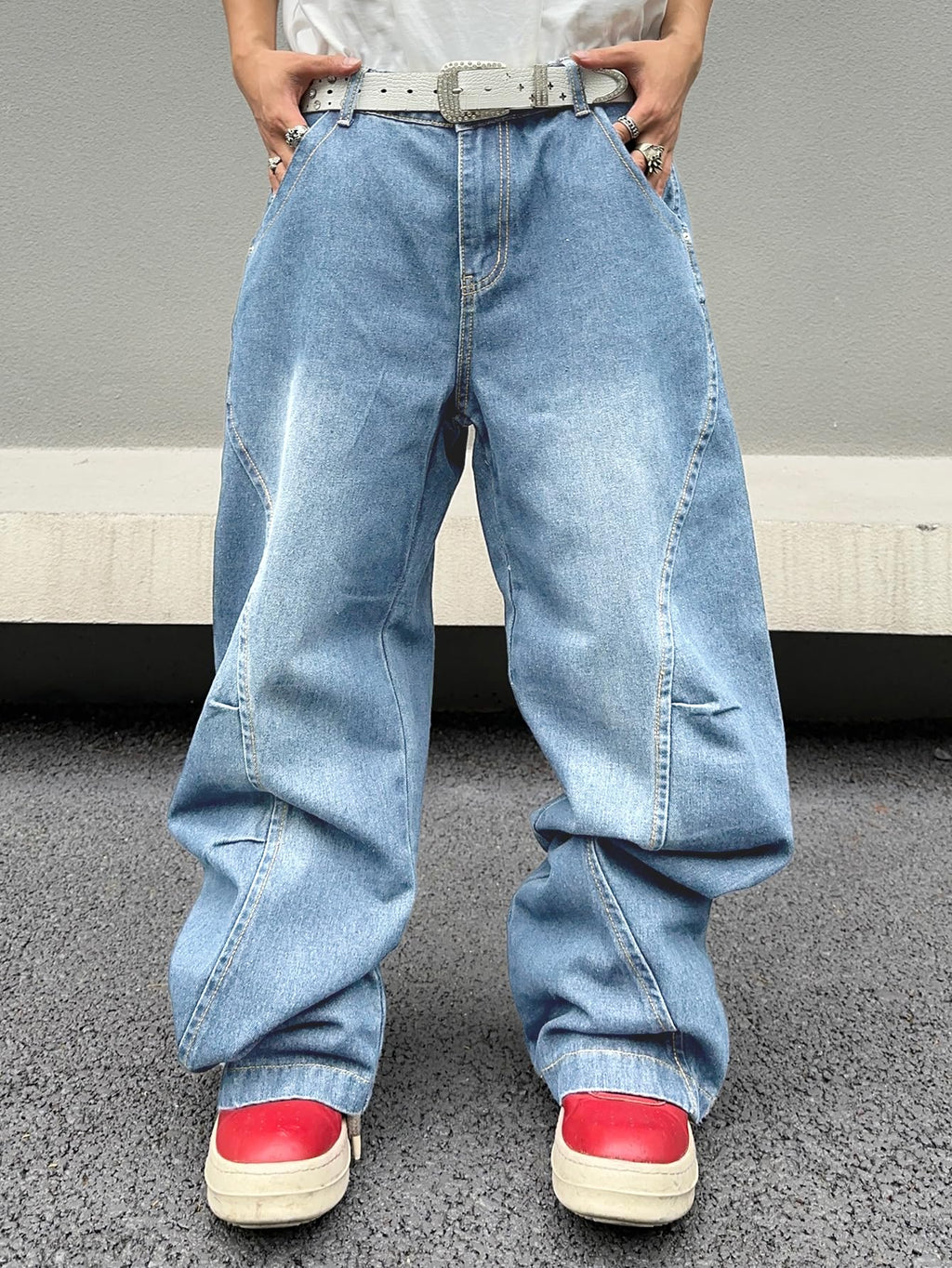 DFGIGT Men's Irregular Sutures Y2k Hip Hop Baggy Jeans Wide Leg Denim Pants Casual Loose Fit Trousers Streetwear